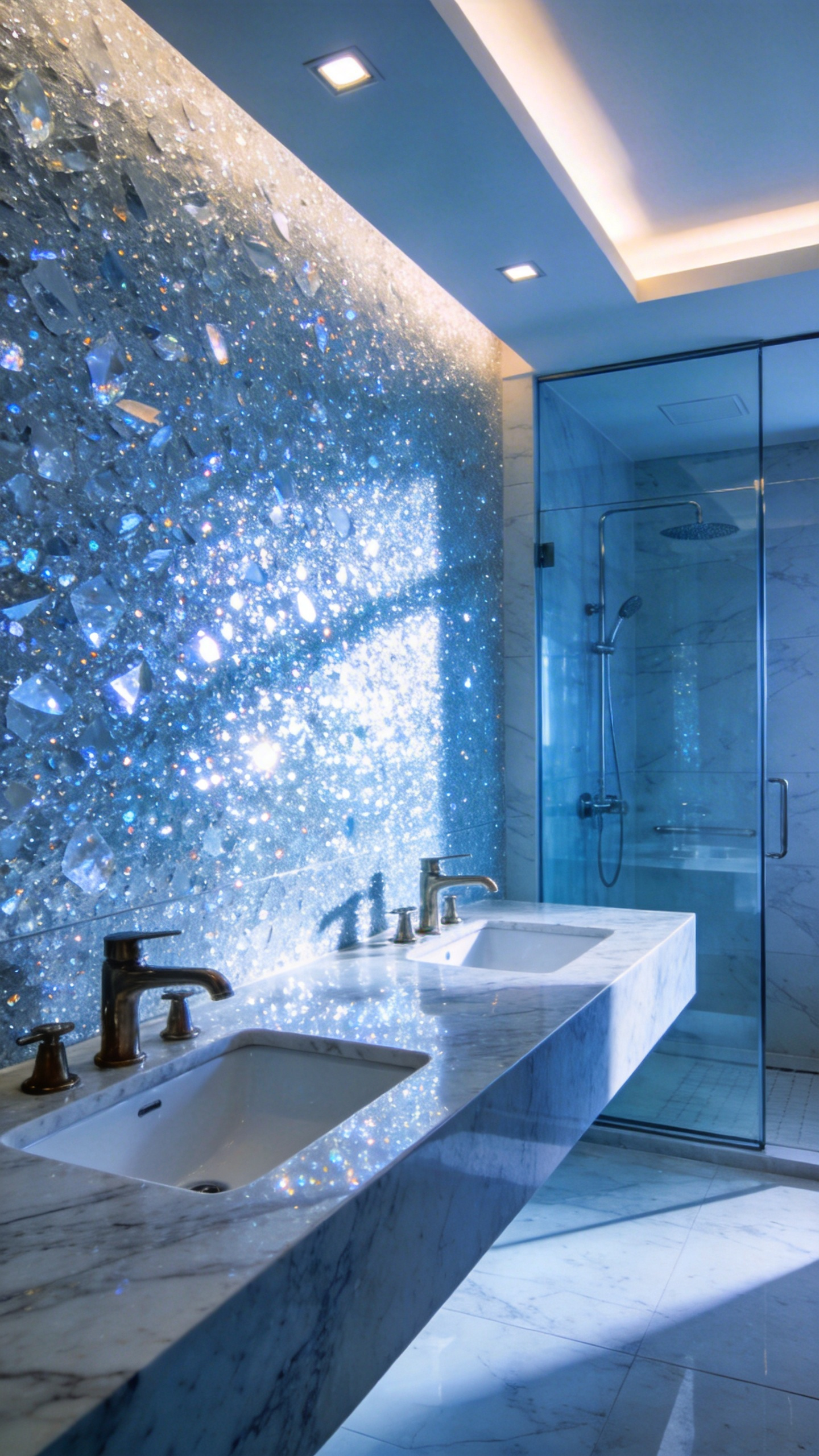 A modern bathroom with reflective mica-infused wallpaper and cool-toned tunable wellness lighting.