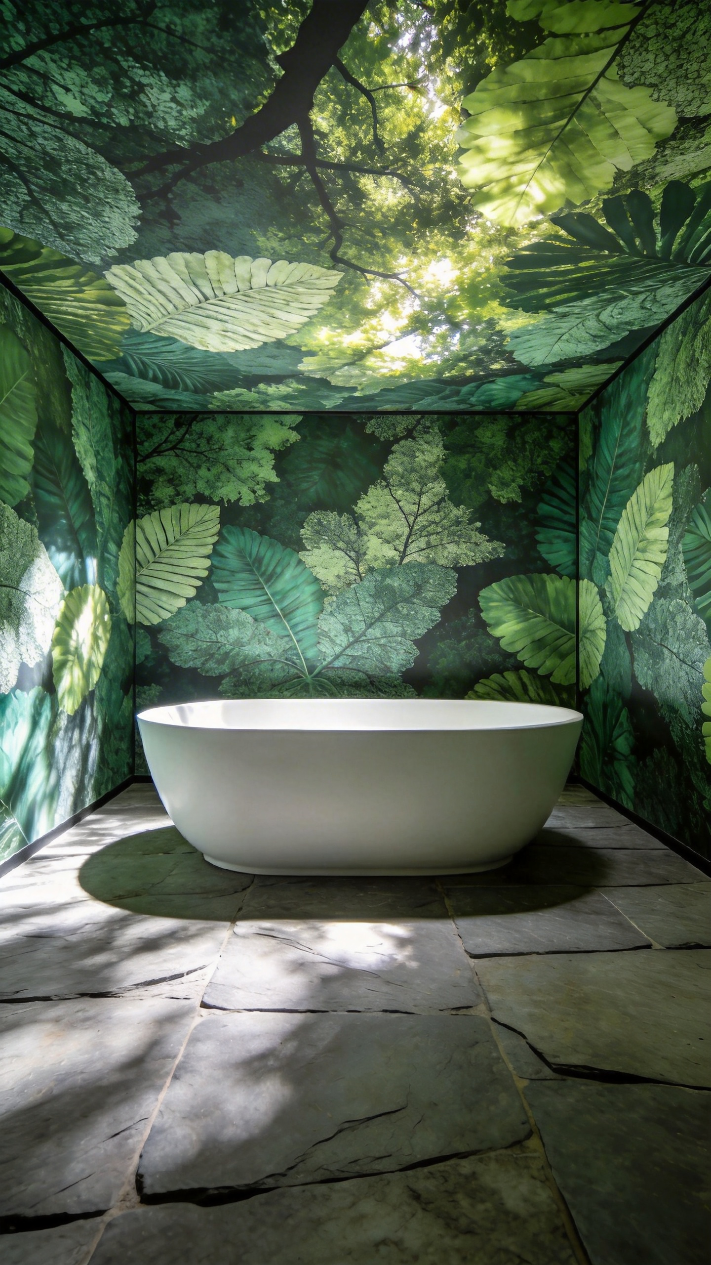 A modern bathroom with a lush forest canopy wallpaper on the ceiling above a white freestanding bathtub.