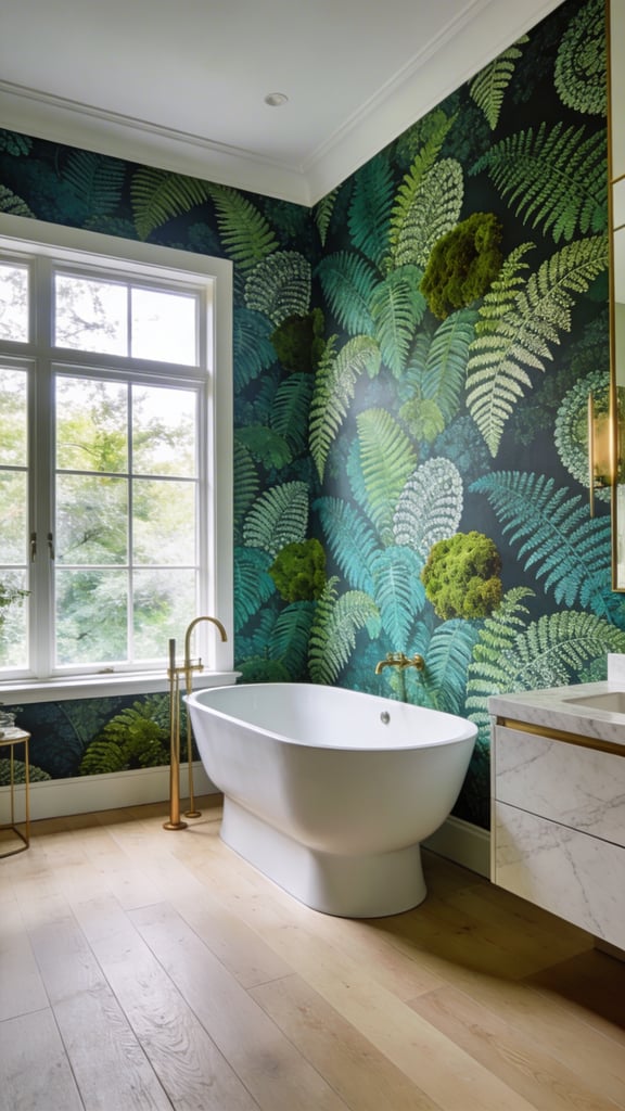 A bright, modern bathroom featuring green botanical wallpaper with fern patterns and a white soaking tub.