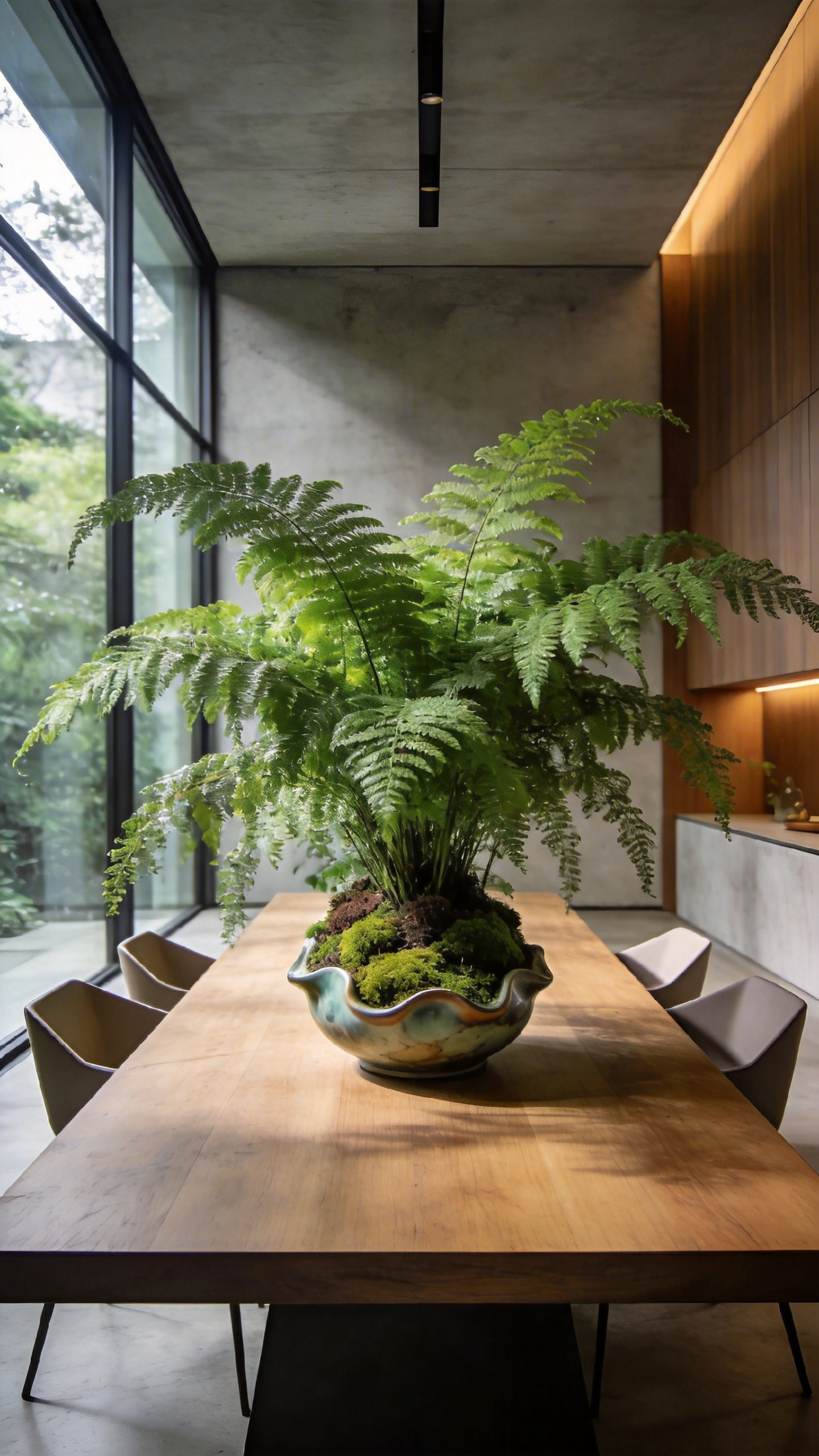 A modern dining room featuring a lush rooted fern centerpiece on a minimalist wooden table with soft natural lighting.