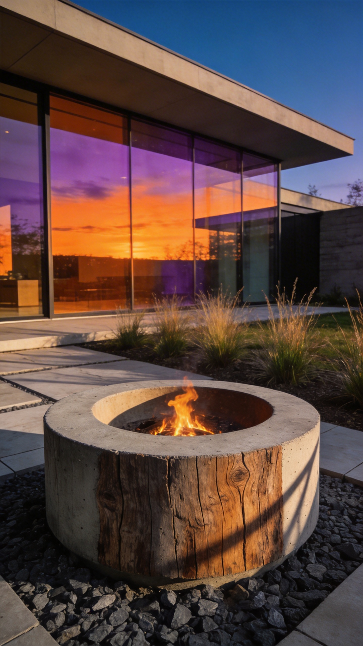 A modern board-formed concrete fire bowl with deep wood grain texture in a luxurious minimalist backyard setting during sunset.