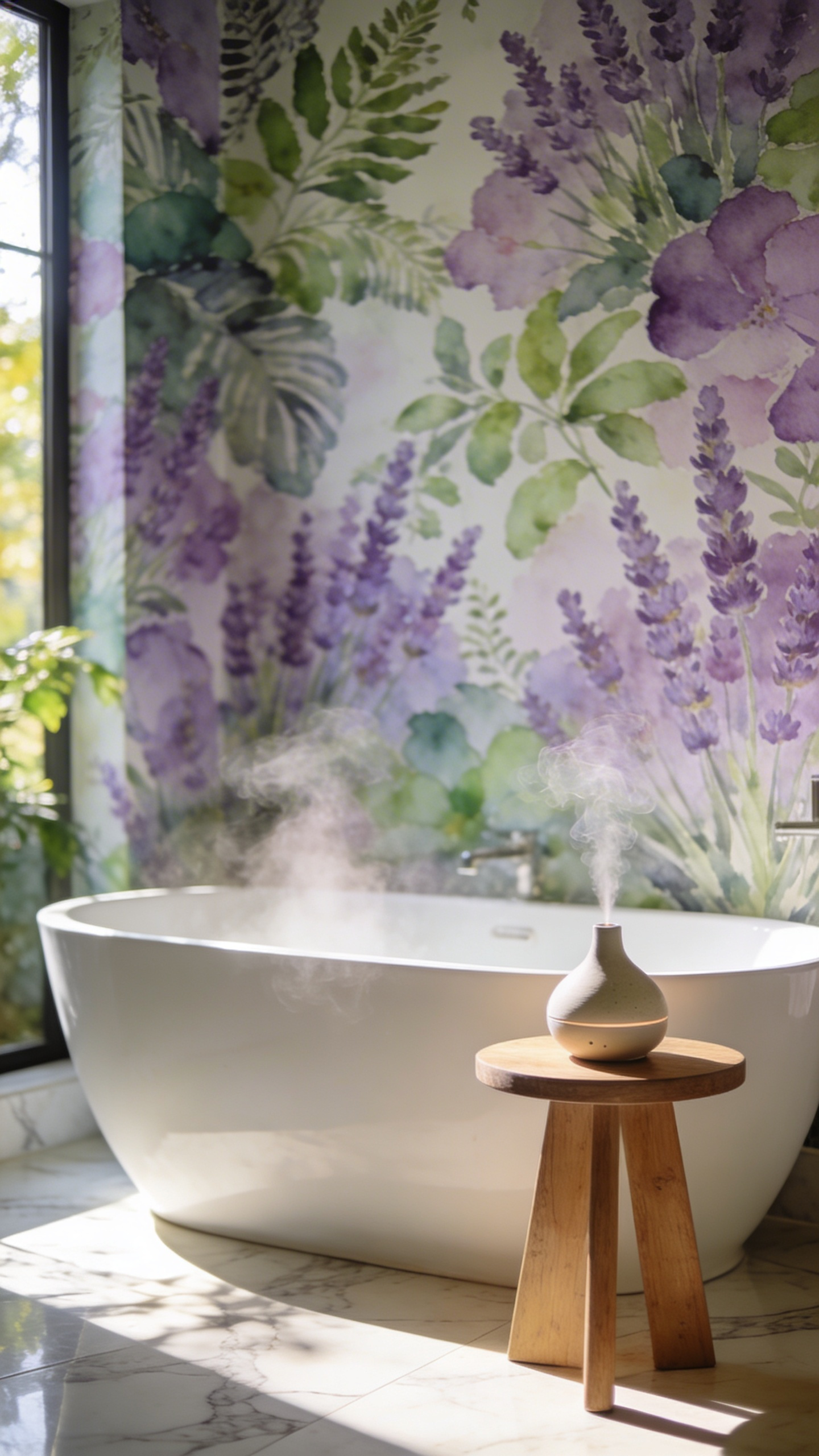 A luxury bathroom featuring botanical lavender wallpaper, a freestanding soaking tub with rising steam, and an aromatherapy diffuser in natural light.