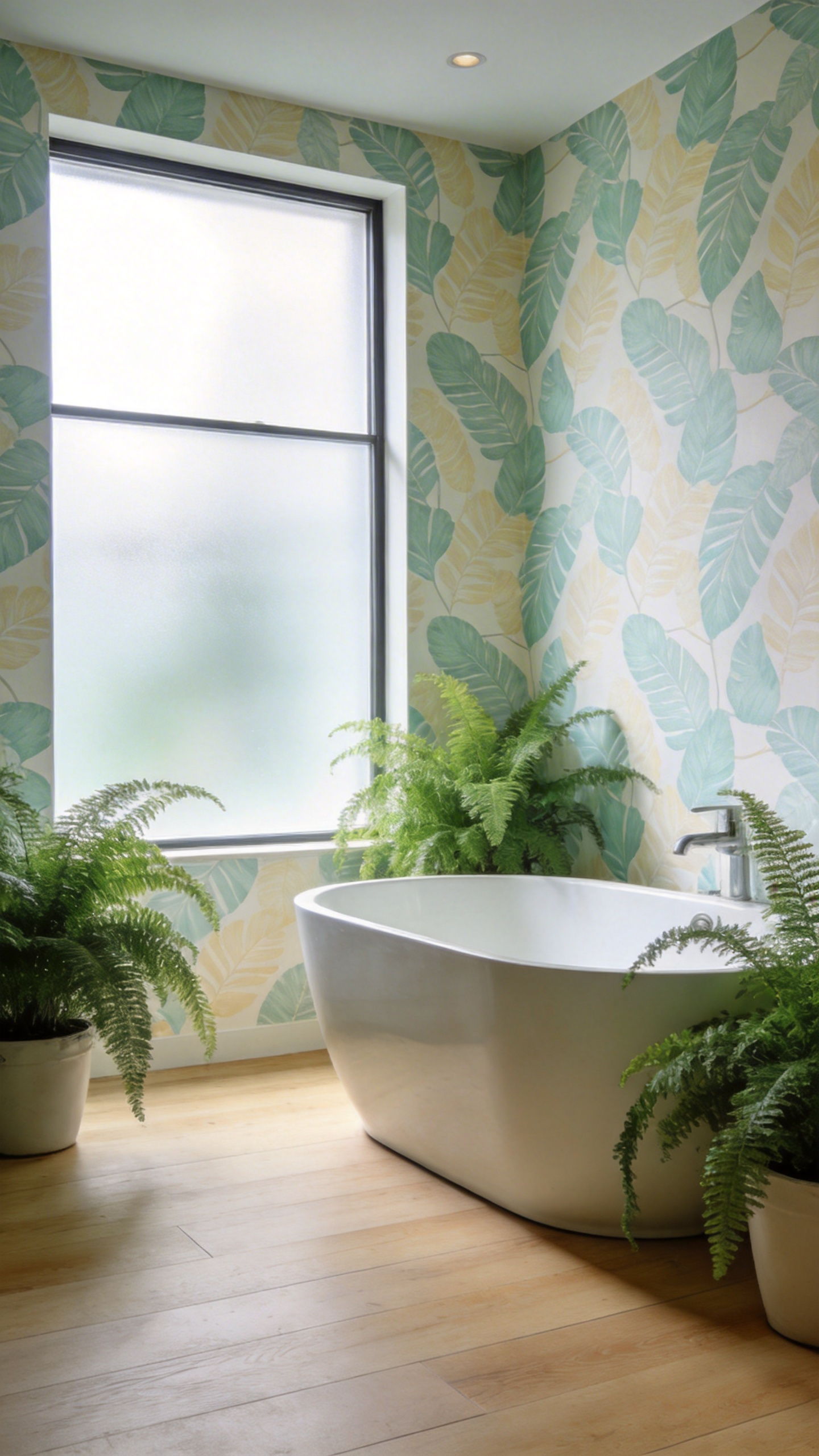 A bright and airy modern bathroom featuring breathable non-woven wallpaper with a subtle natural pattern and a white freestanding bathtub.
