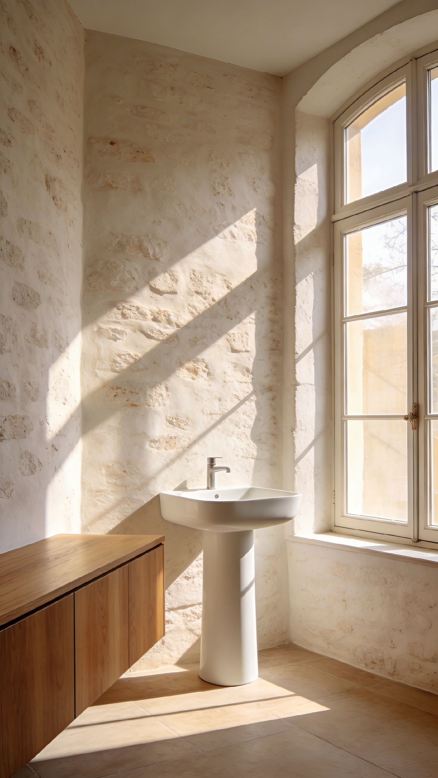 A luxurious bathroom with textured breathable lime plaster walls and natural wood accents illuminated by bright window light.
