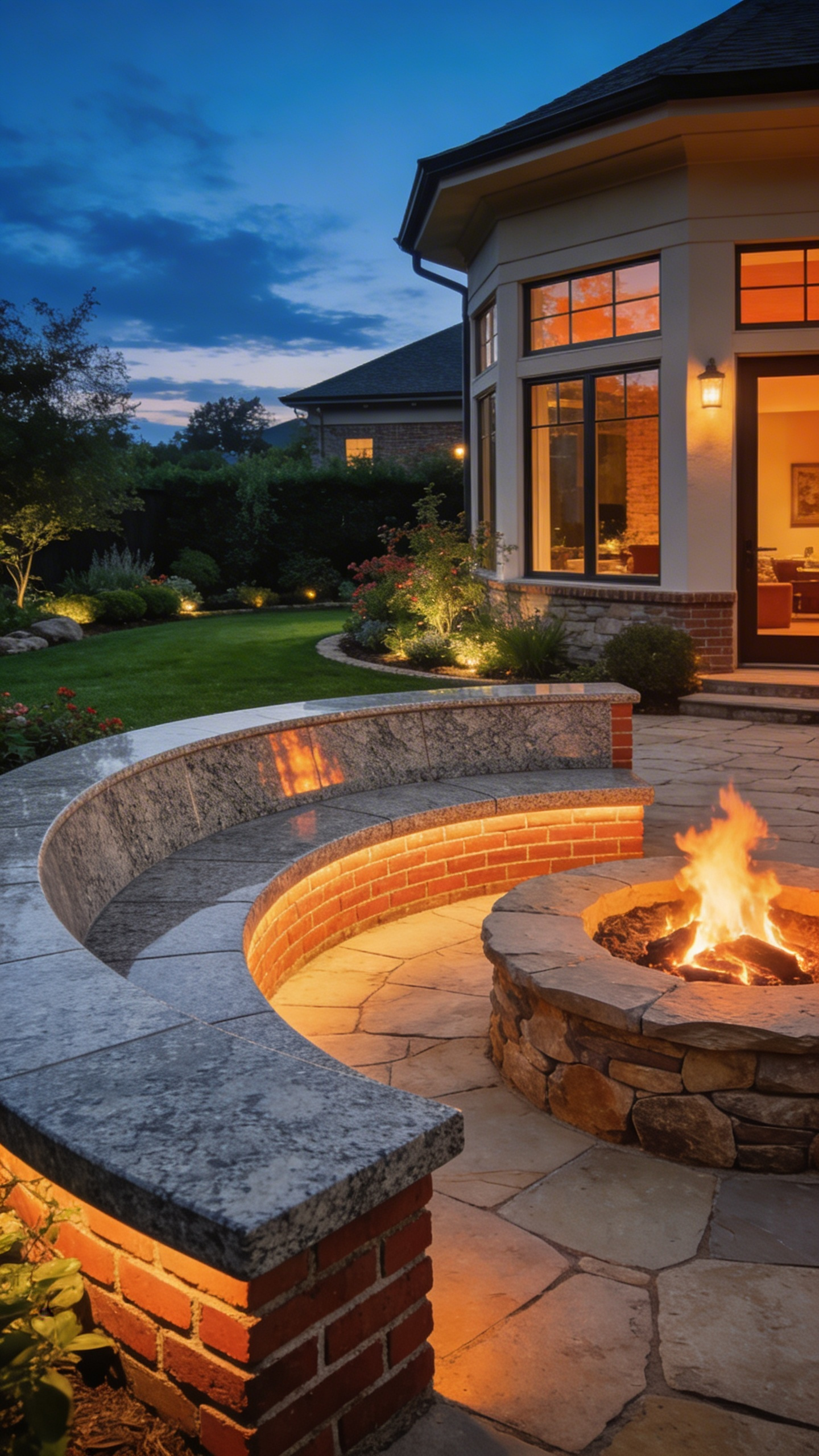 A semicircular masonry bench made of granite and brick surrounding a circular stone fire pit on a flagstone patio at twilight.