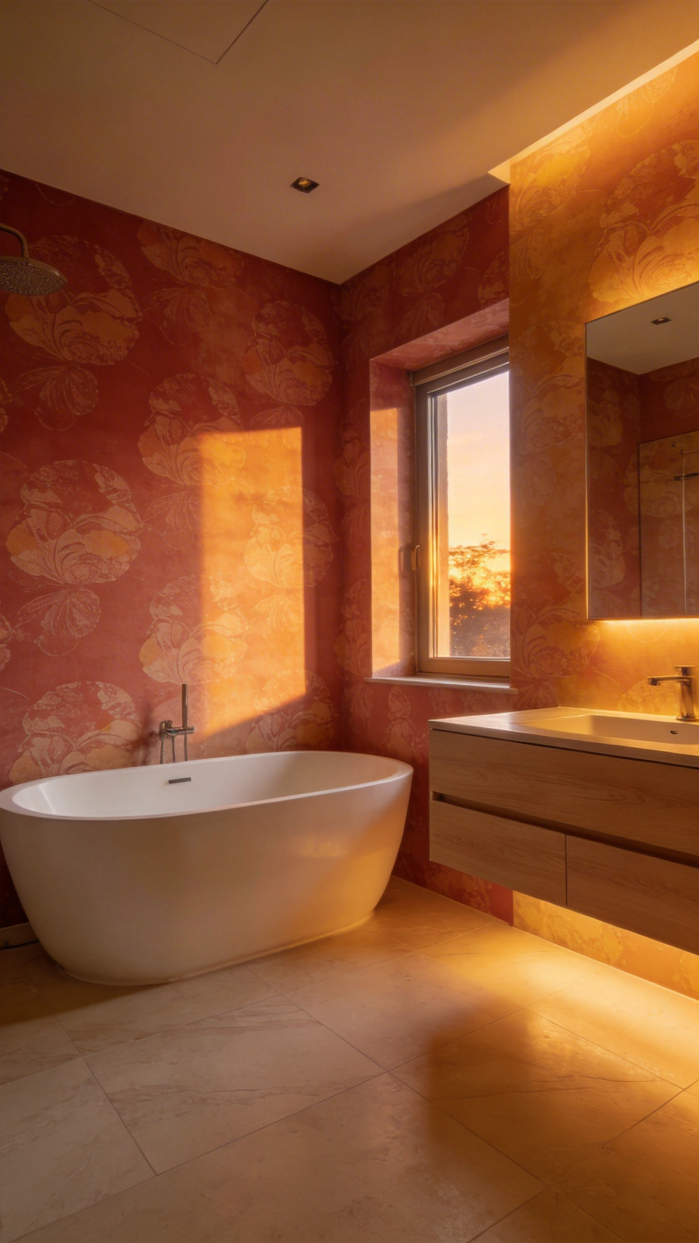 A serene bathroom interior with muted terracotta wallpaper and warm amber lighting designed for evening relaxation.