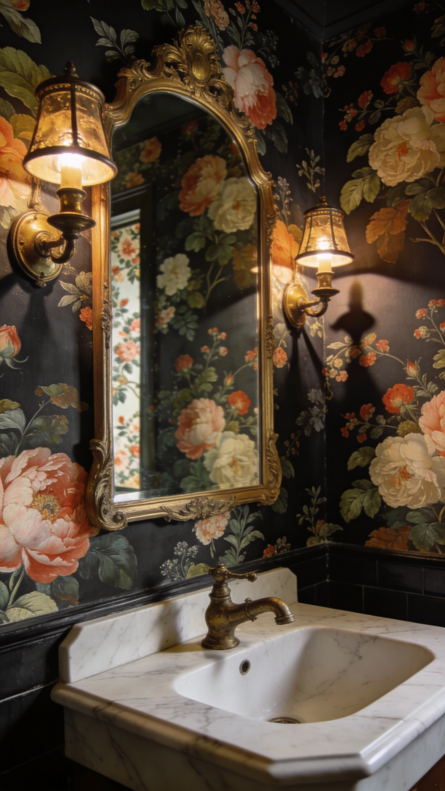 A luxurious powder room designed with dark floral botanical wallpaper, a marble vanity, and antique brass fixtures.