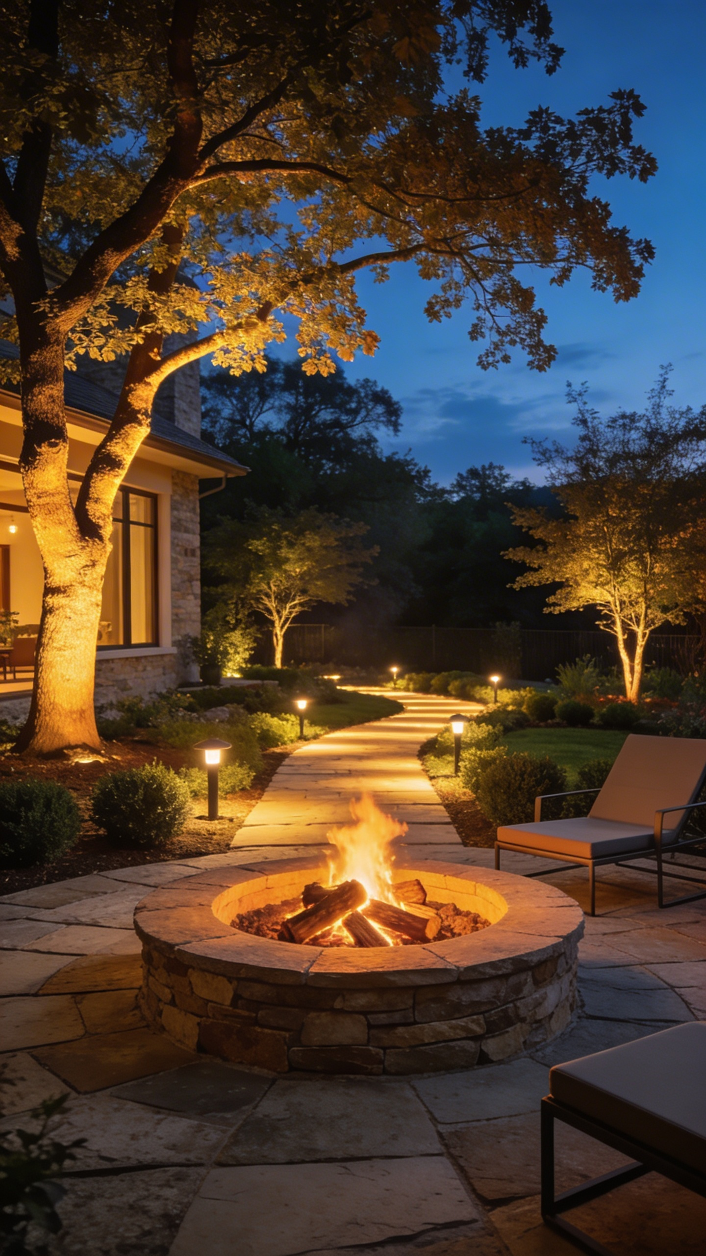 A luxury stone firepit in a backyard at dusk surrounded by ultra-warm integrated landscape lighting that matches the fire's amber glow.
