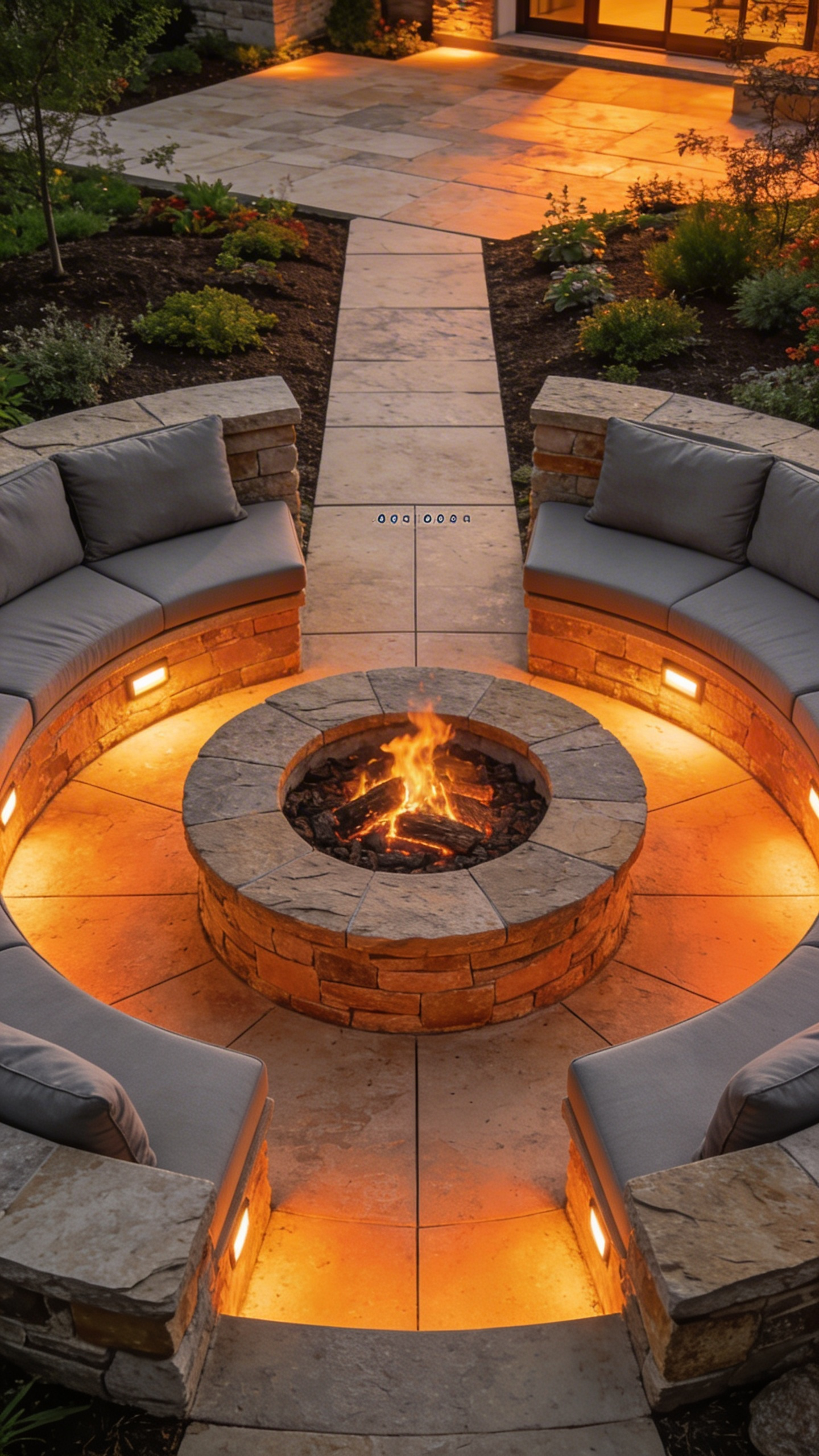 High-end backyard fire pit design with circular stone seating and architectural landscaping.