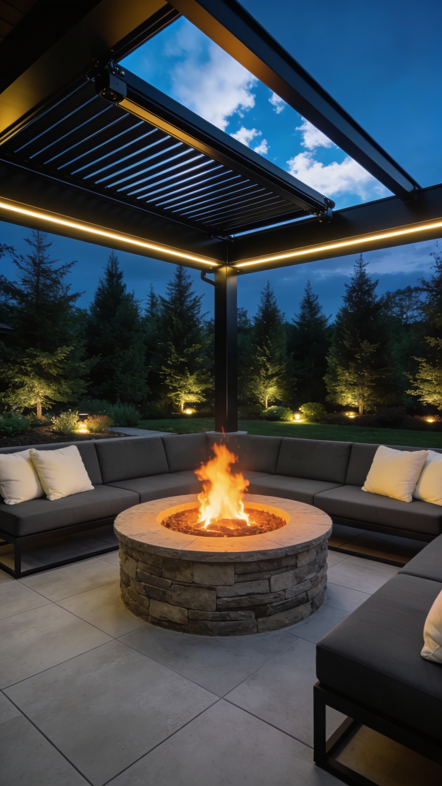 A luxurious modern backyard fire pavilion featuring a motorized louvered roof and a glowing central firepit surrounded by elegant outdoor seating.