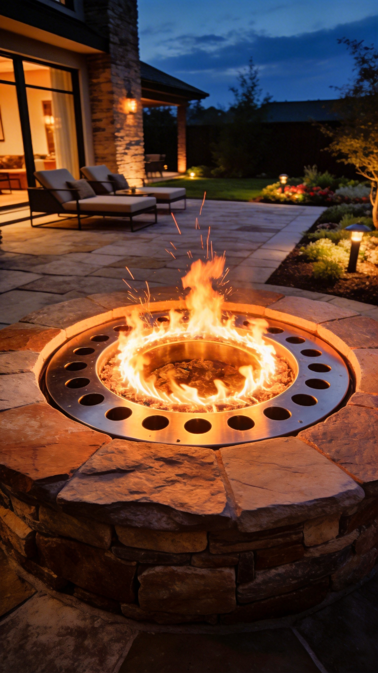 A modern backyard patio featuring a custom stone firepit with a high-tech smokeless insert showing a secondary combustion halo of fire at dusk.