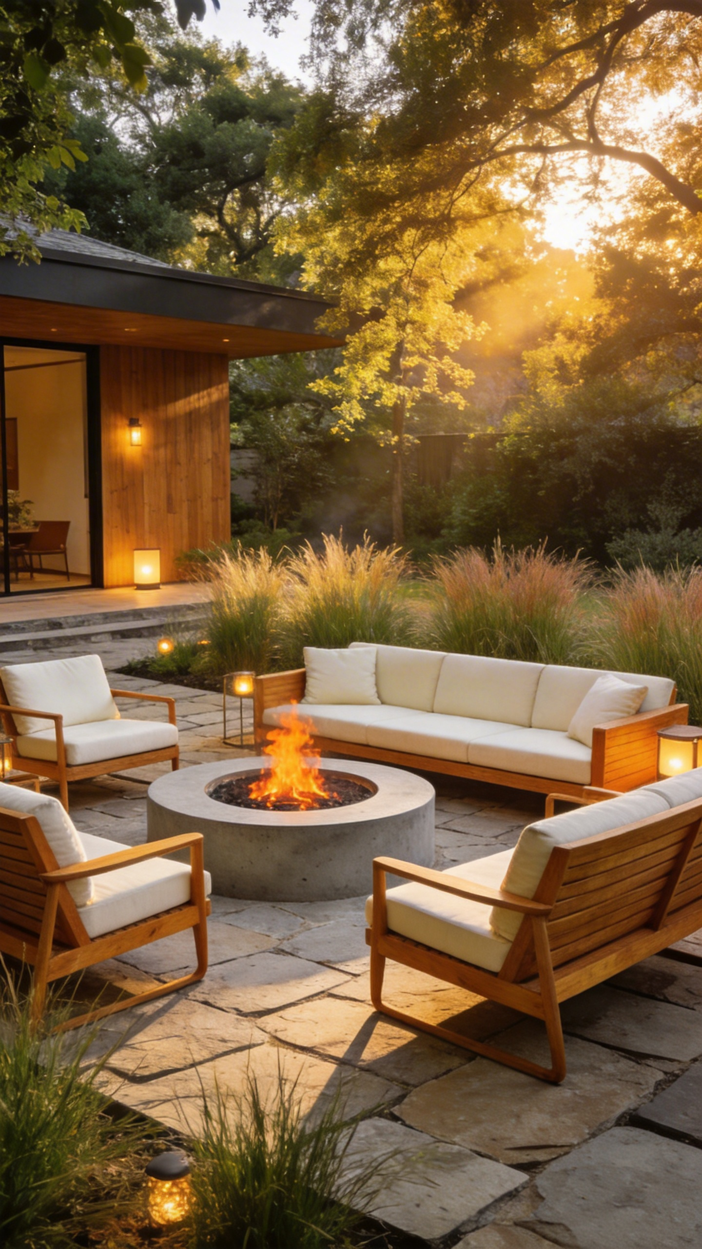 A modern Scandinavian backyard featuring a low-profile Grade A teak lounge set surrounding a sleek minimalist firepit during sunset.