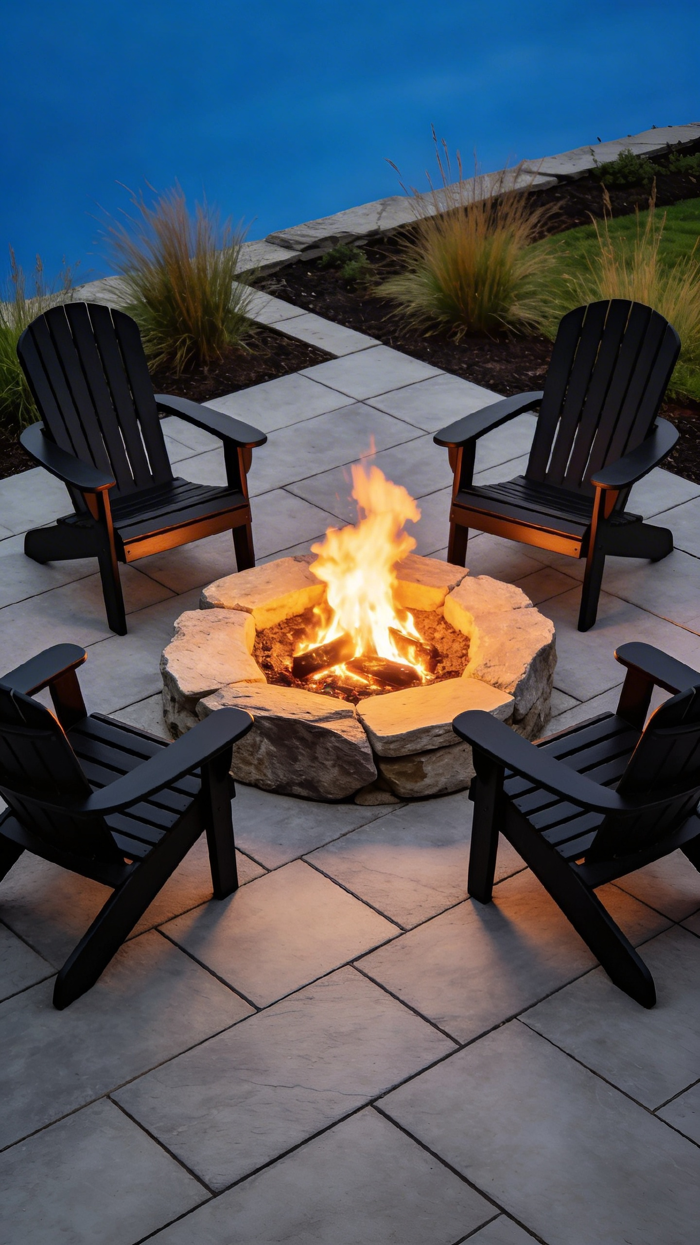 Minimalist black Adirondack chairs arranged around a stone firepit on a modern paved patio at twilight.