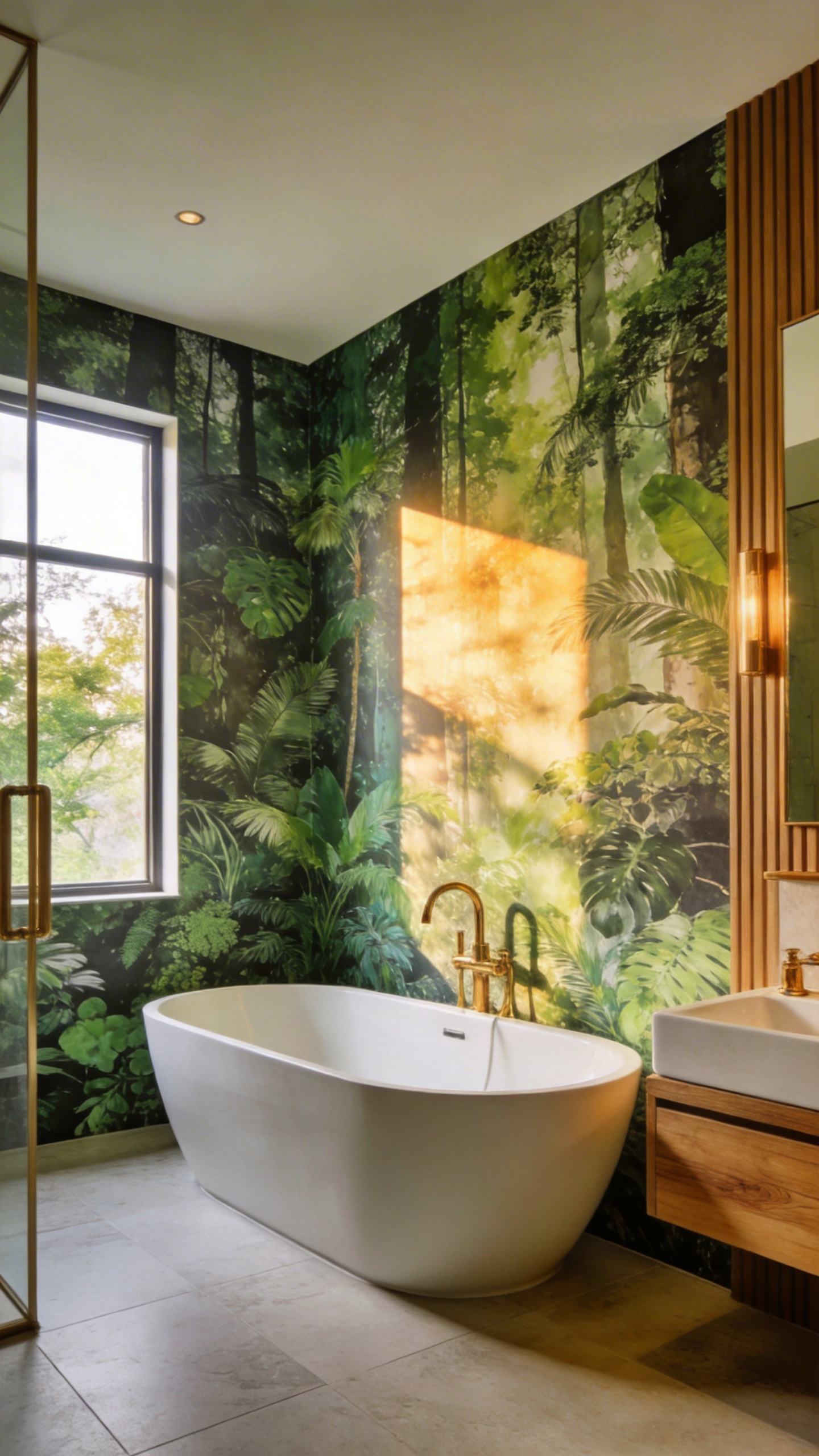 A modern master bathroom designed as a wellness sanctuary with large botanical print waterproof wallpaper and a freestanding tub.