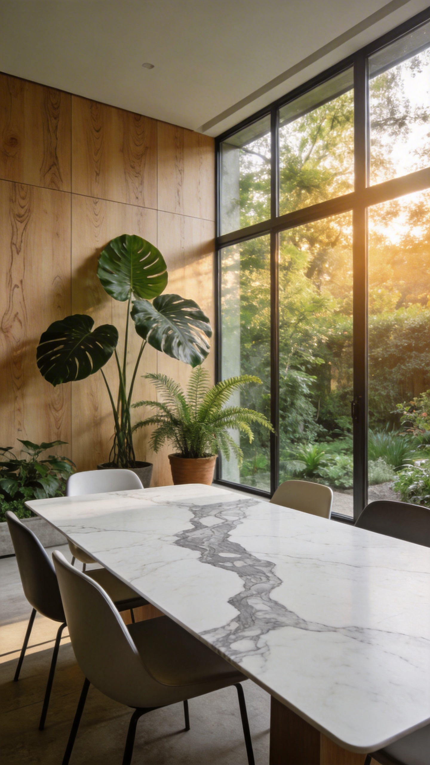 A bright modern dining room with biophilic elements including a marble table, indoor greenery, and large windows with natural light.