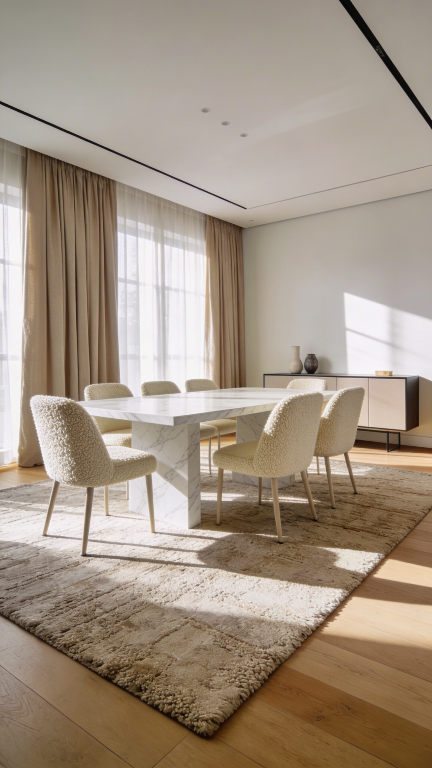 A bright modern dining room with cream bouclé upholstered chairs and natural linen curtains designed for sound dampening.