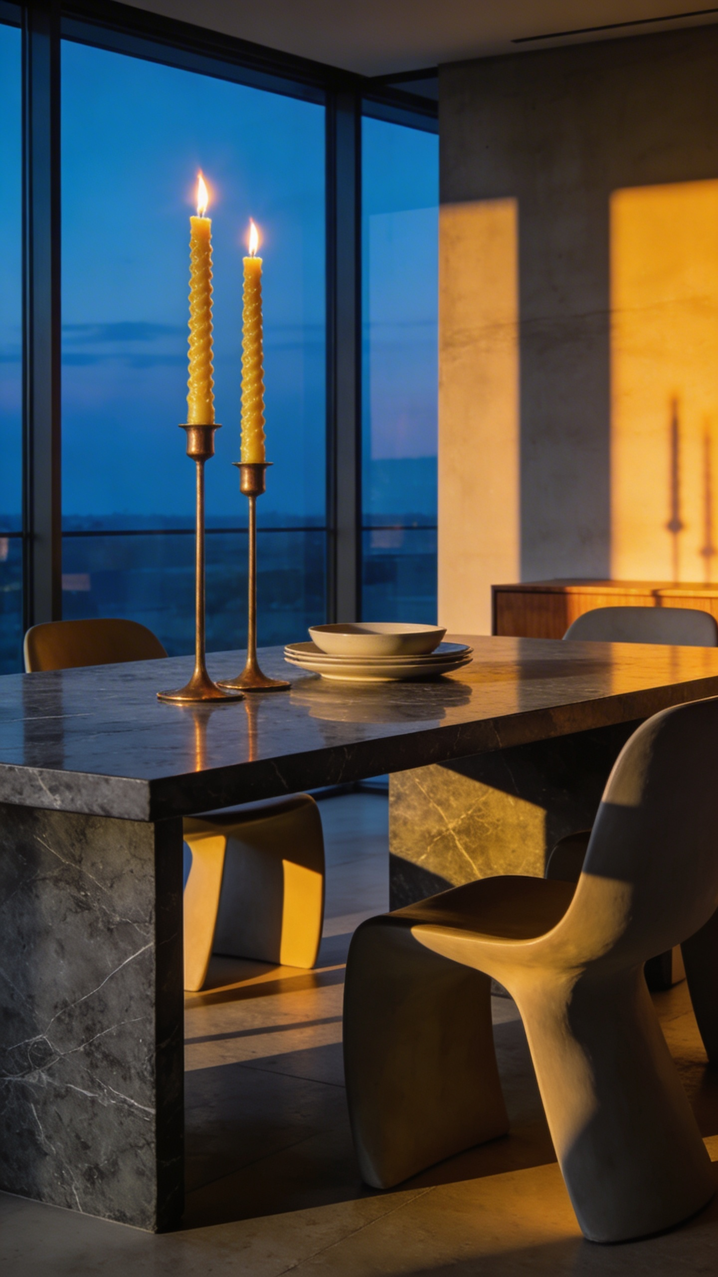 A sleek modern dining room featuring lit raw beeswax taper candles on a minimalist table to create a warm atmosphere.