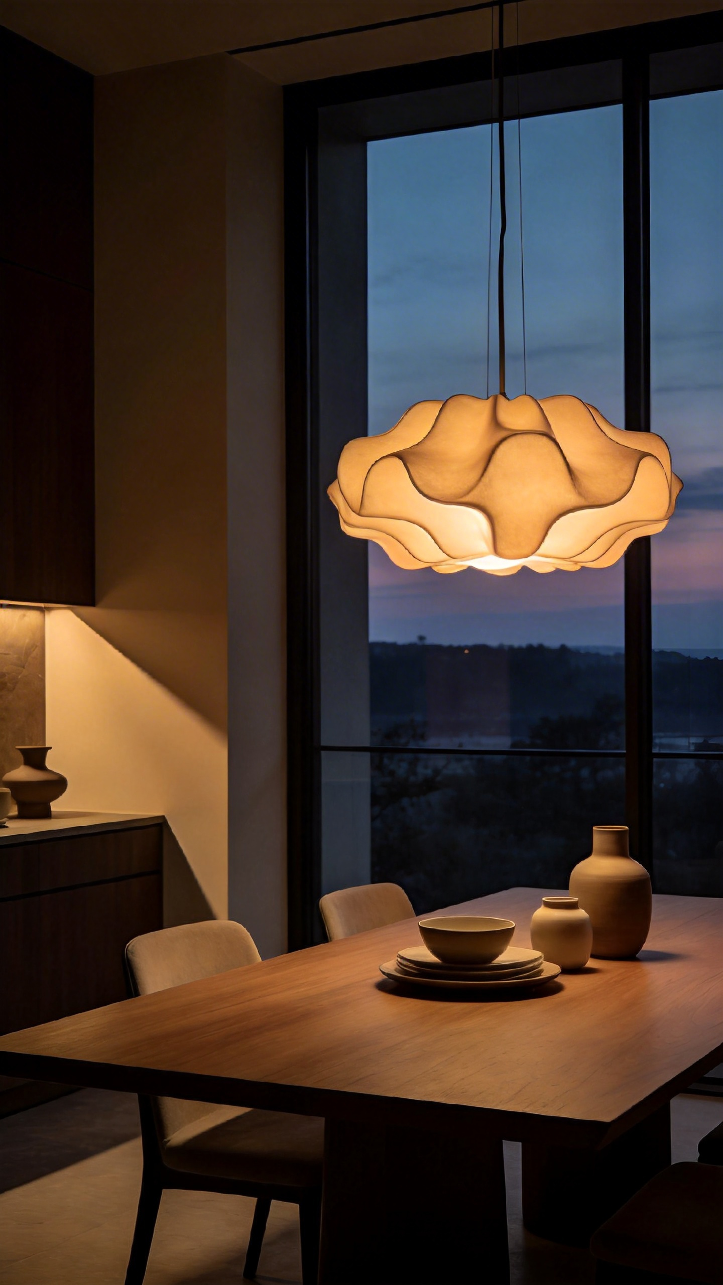 A modern dining room featuring a low-hanging warm chandelier over a wooden table designed for circadian health and evening wellness.