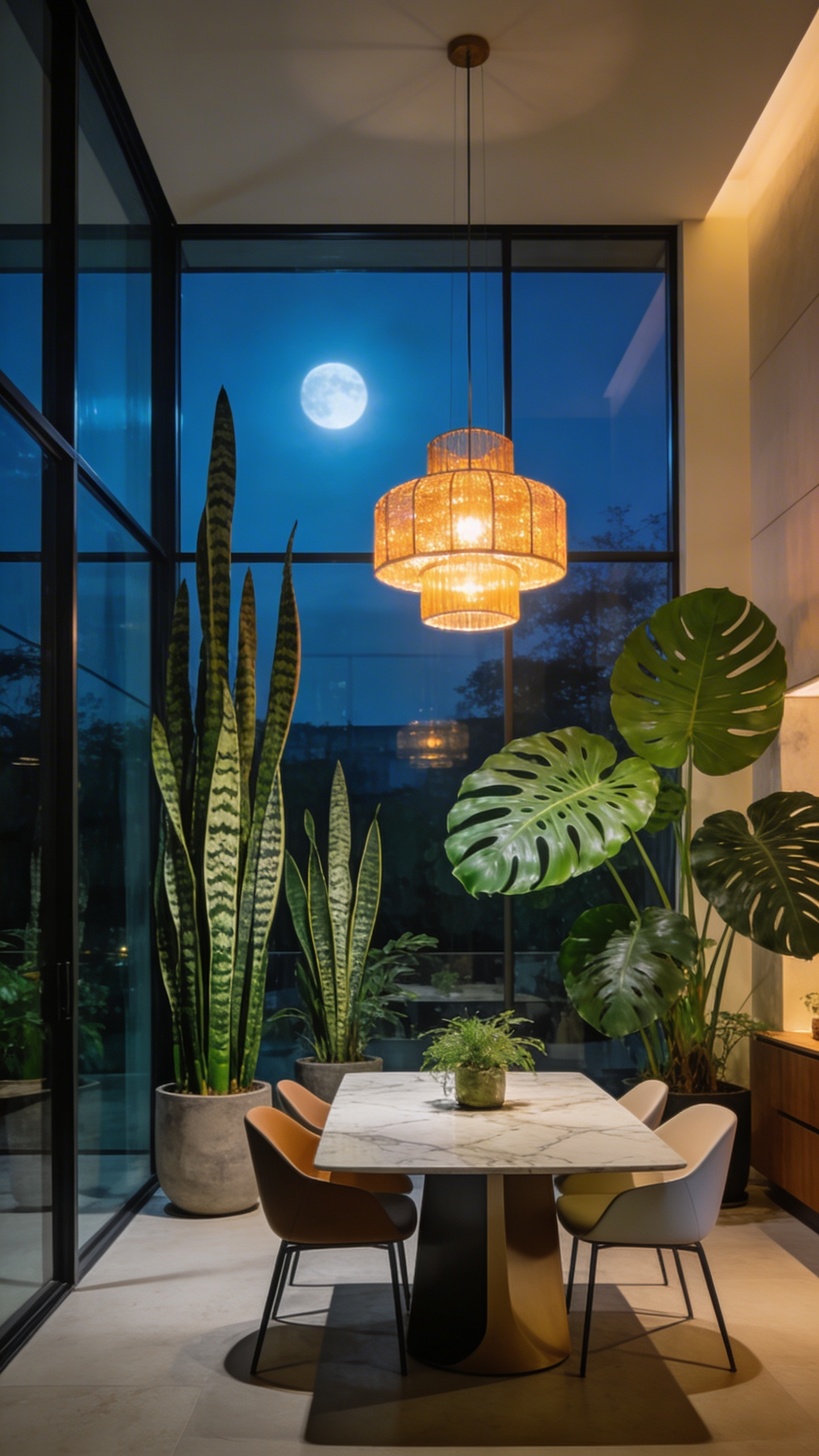 A modern dining room featuring lush air-purifying plants and minimalist furniture under warm evening lighting.