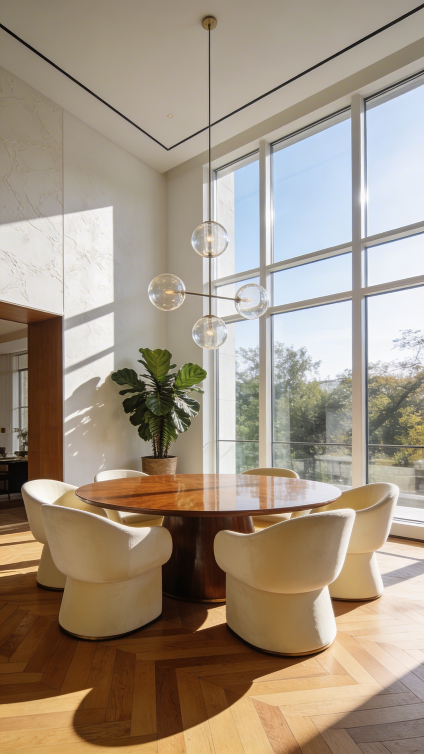 High-end modern dining room decoration featuring a circular walnut table and soft natural lighting to enhance emotional wellbeing.