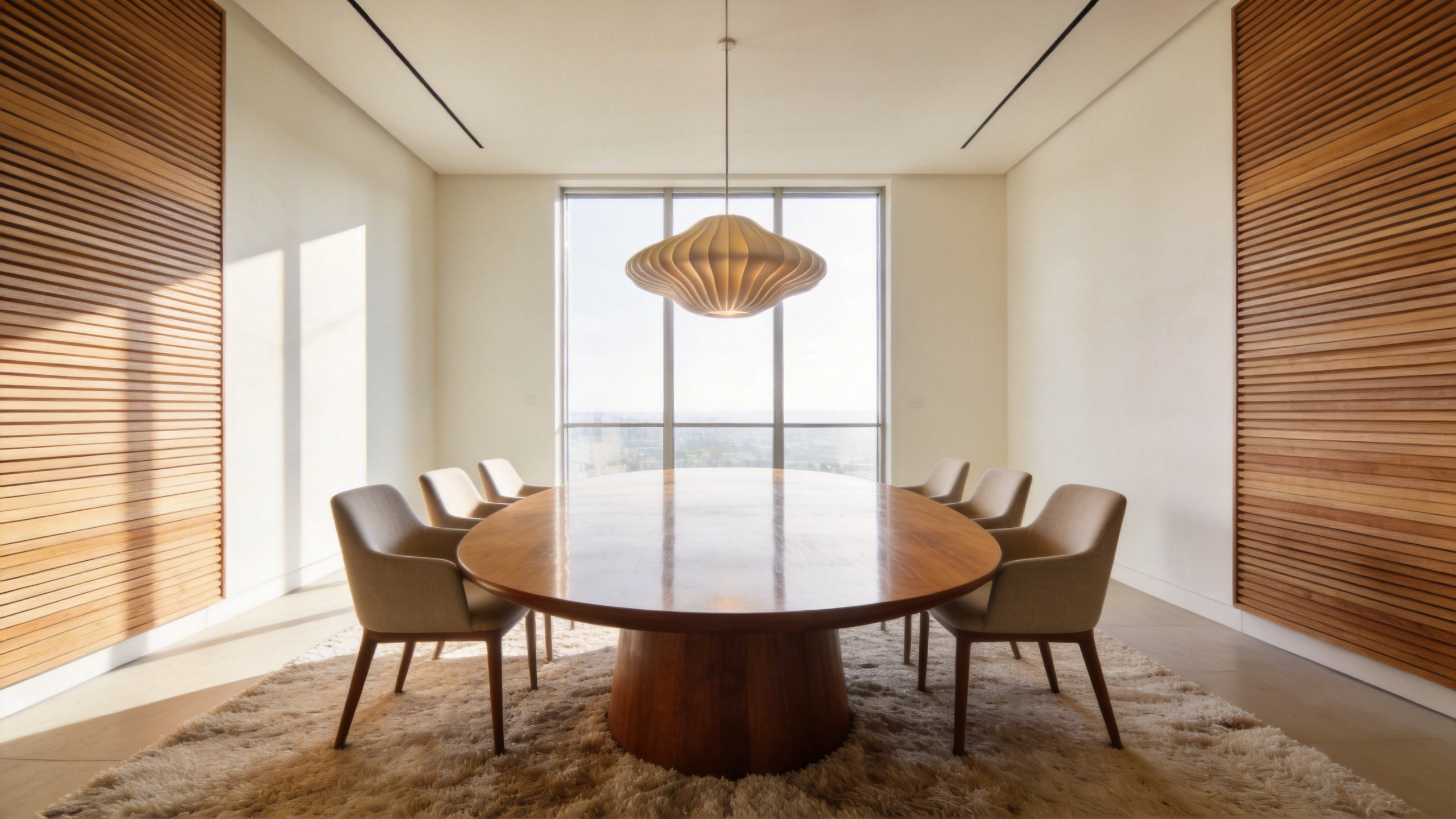 A modern dining room with an oval table and acoustic wood wall panels designed for mindful space planning and noise reduction.