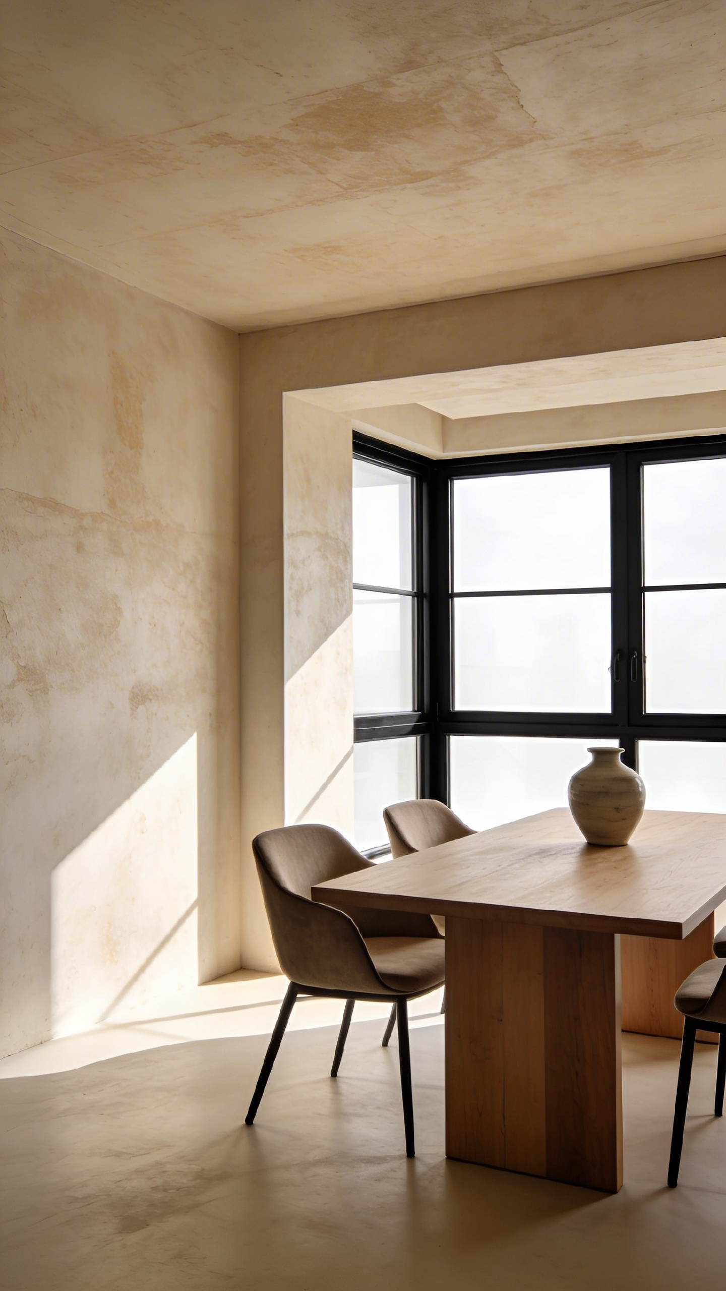 Modern dining room featuring textured lime wash walls and a minimalist wood table under natural light.