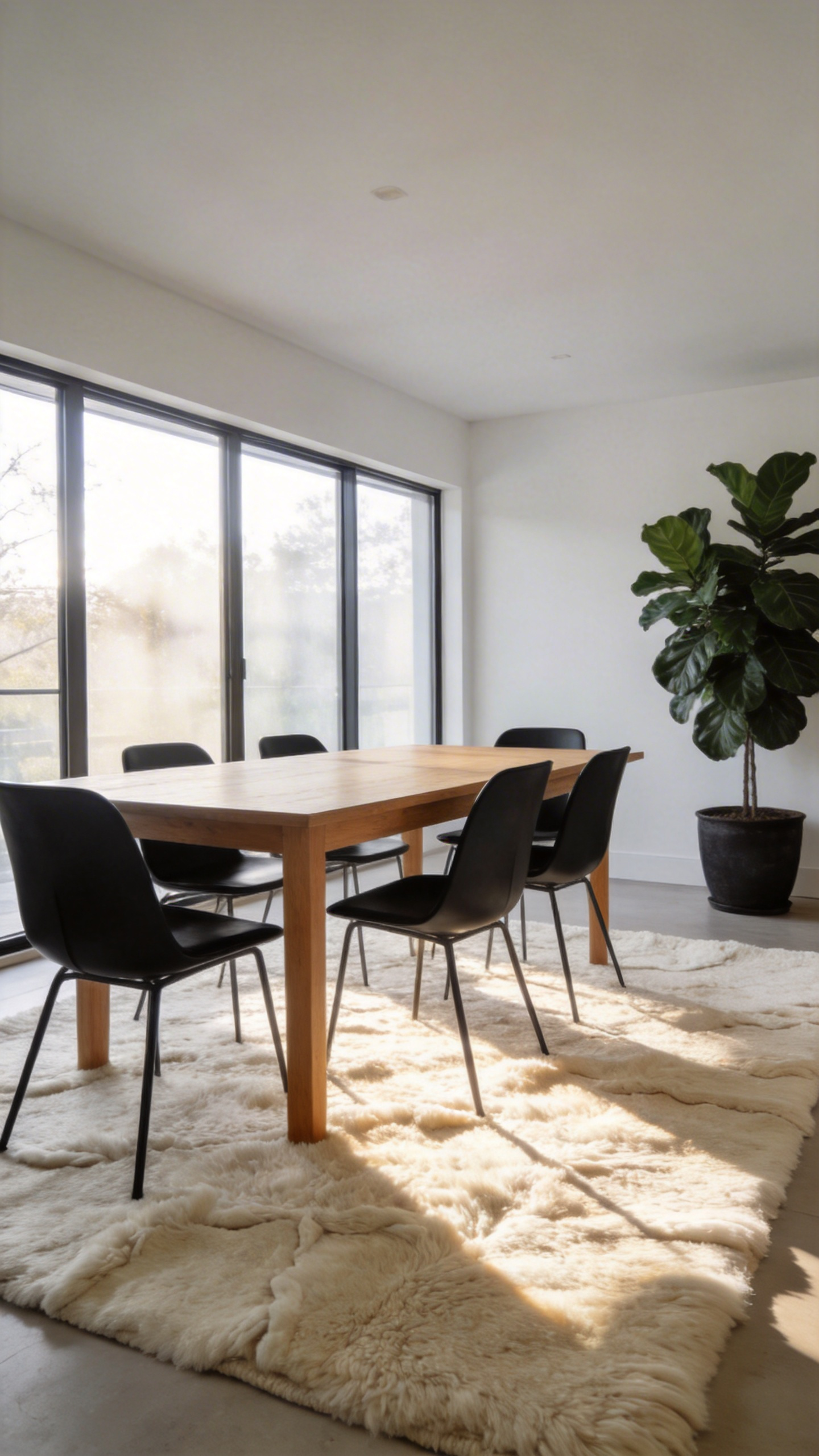 A modern dining room with a large undyed natural wool rug under a wooden dining table and chairs, illuminated by bright natural light.
