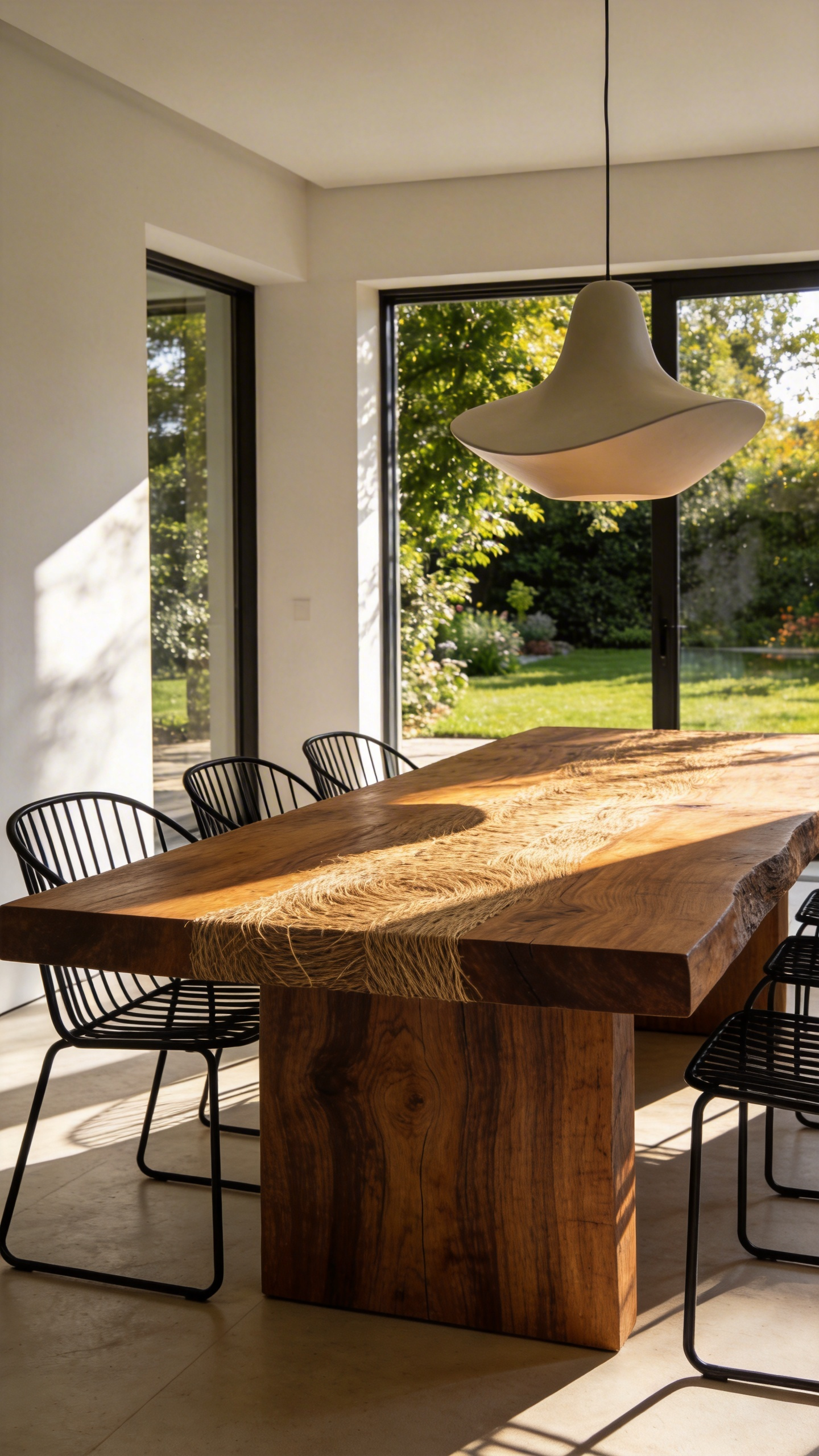 A modern dining room featuring a large, solid wood dining table with a visible grain texture under warm natural sunlight.