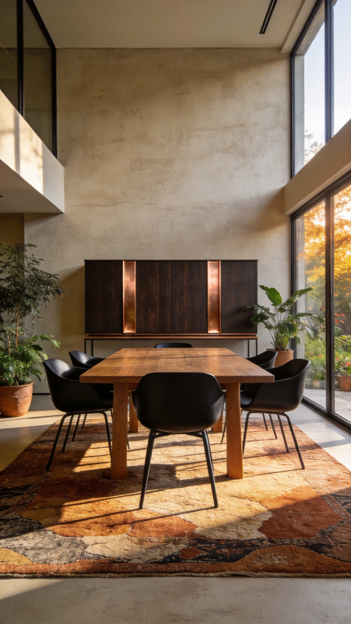 A serene modern dining room with a walnut tech-concealing sideboard and a large wooden table illuminated by soft sunlight.