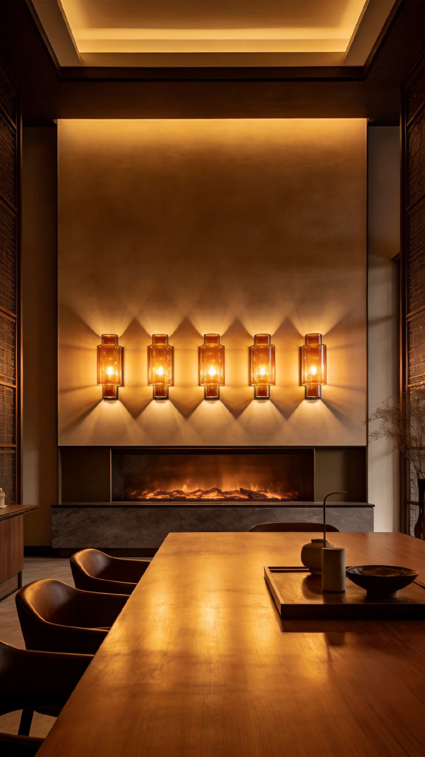 Sophisticated modern dining room featuring layered amber wall sconces at eye level to create a warm hearth-like glow.