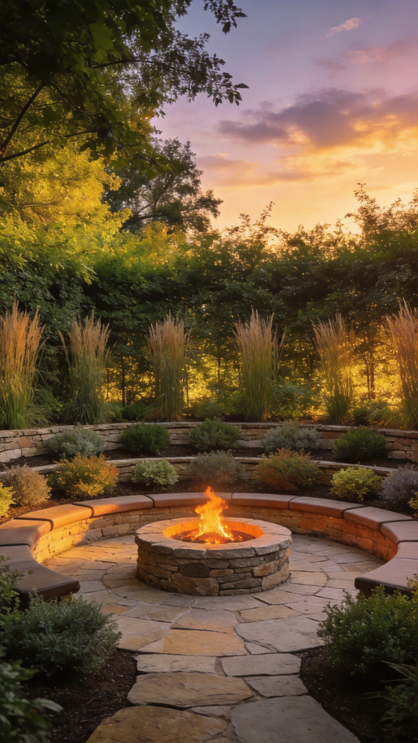 A backyard firepit area featuring a natural windbreak of staggered native shrubs and ornamental grasses to manage smoke and wind.