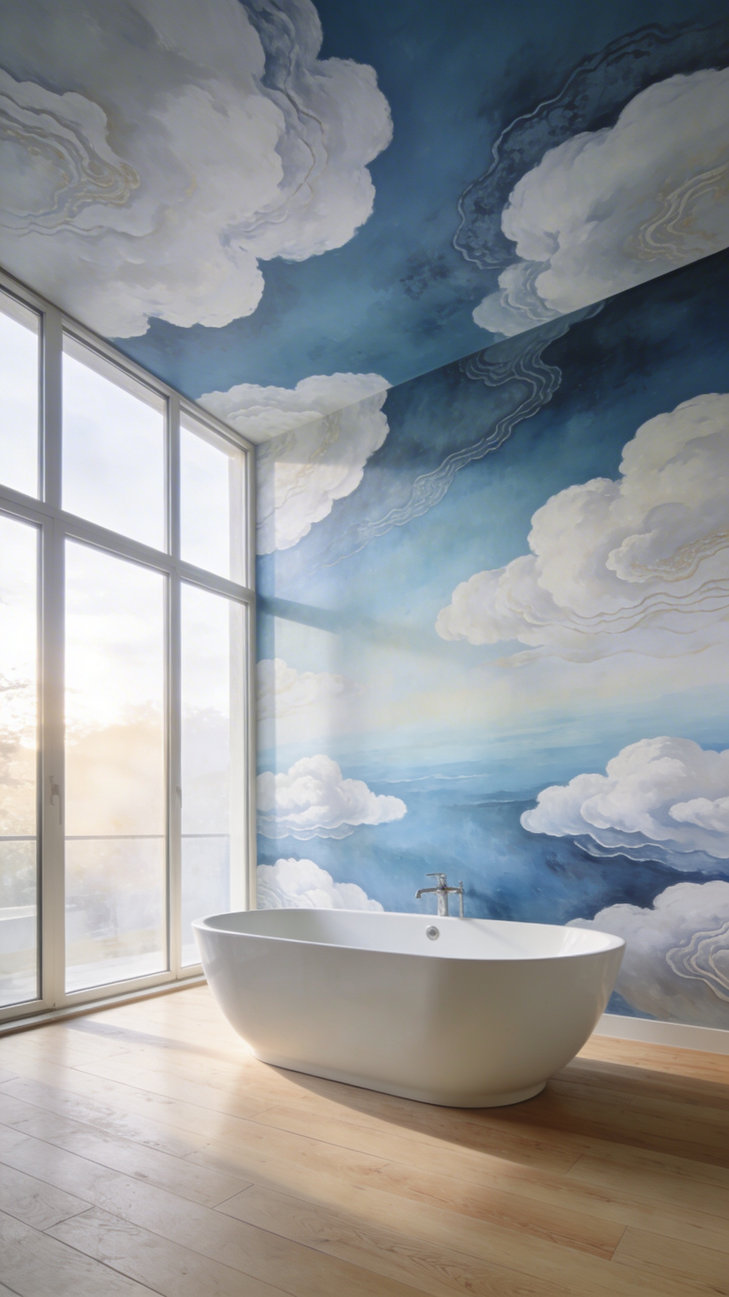 A luxurious bathroom featuring a full-wall nature mural of clouds behind a modern white soaking tub to create a digital detox environment.