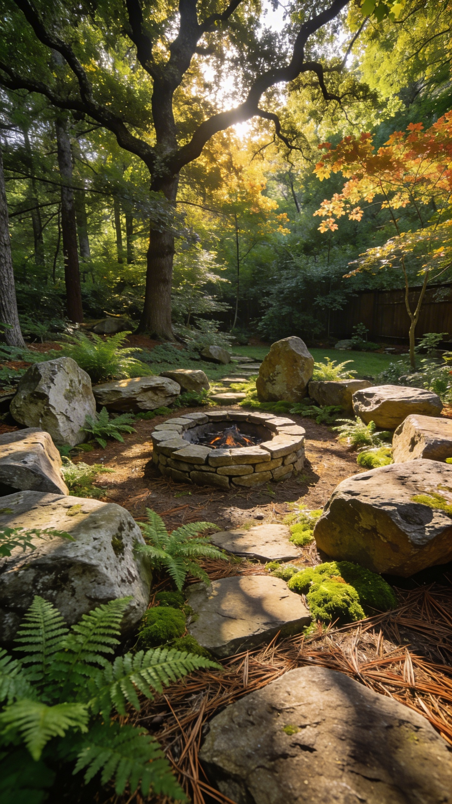 A natural fire pit area in a wooded backyard featuring large boulder seating arranged like a forest outcropping under a canopy of trees.