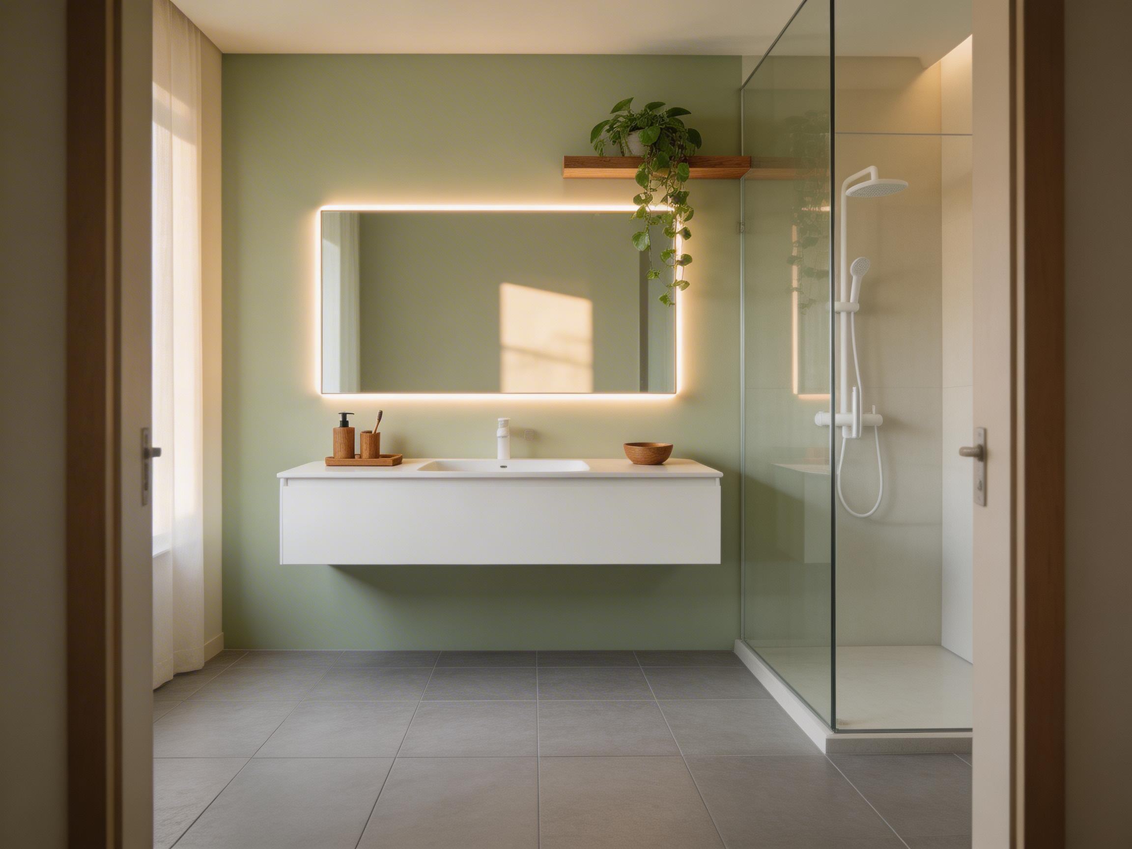 A curated small bathroom combining natural materials, layered lighting, and calm colour — showing how bathroom decoration in small spaces becomes a daily wellness practice.