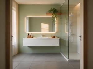 A curated small bathroom combining natural materials, layered lighting, and calm colour — showing how bathroom decoration in small spaces becomes a daily wellness practice.