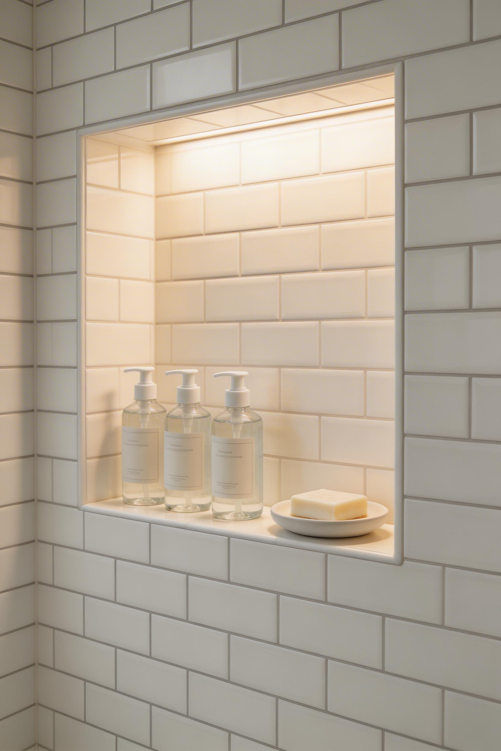 A recessed shower niche keeps daily essentials accessible while maintaining the uncluttered lines central to bathroom decoration in small spaces.