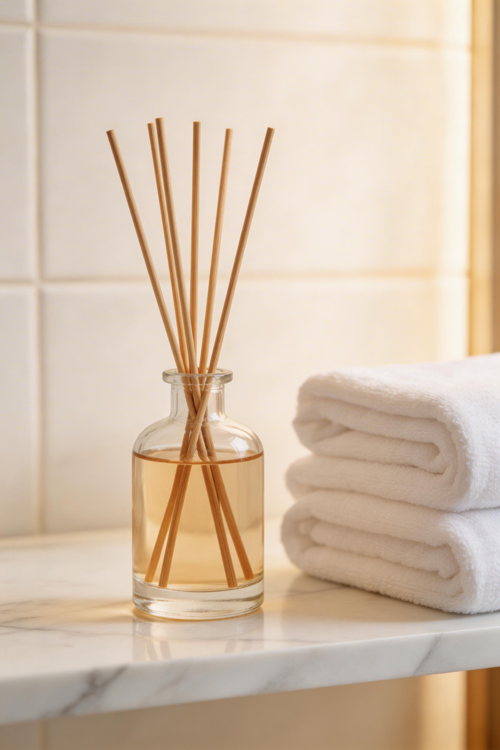 A reed diffuser layers subtle, consistent scent through bathroom decoration in small spaces, creating a physiological anchor for daily calm.