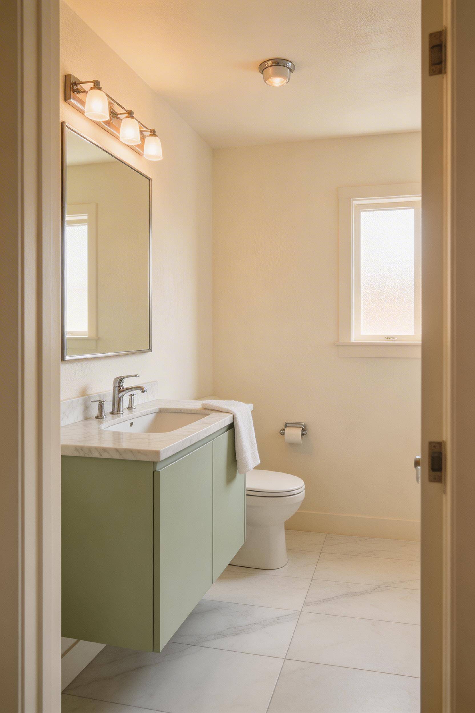 High-LRV palettes in soft whites and pale greens make small bathroom decoration feel expansive while supporting morning circadian rhythms.