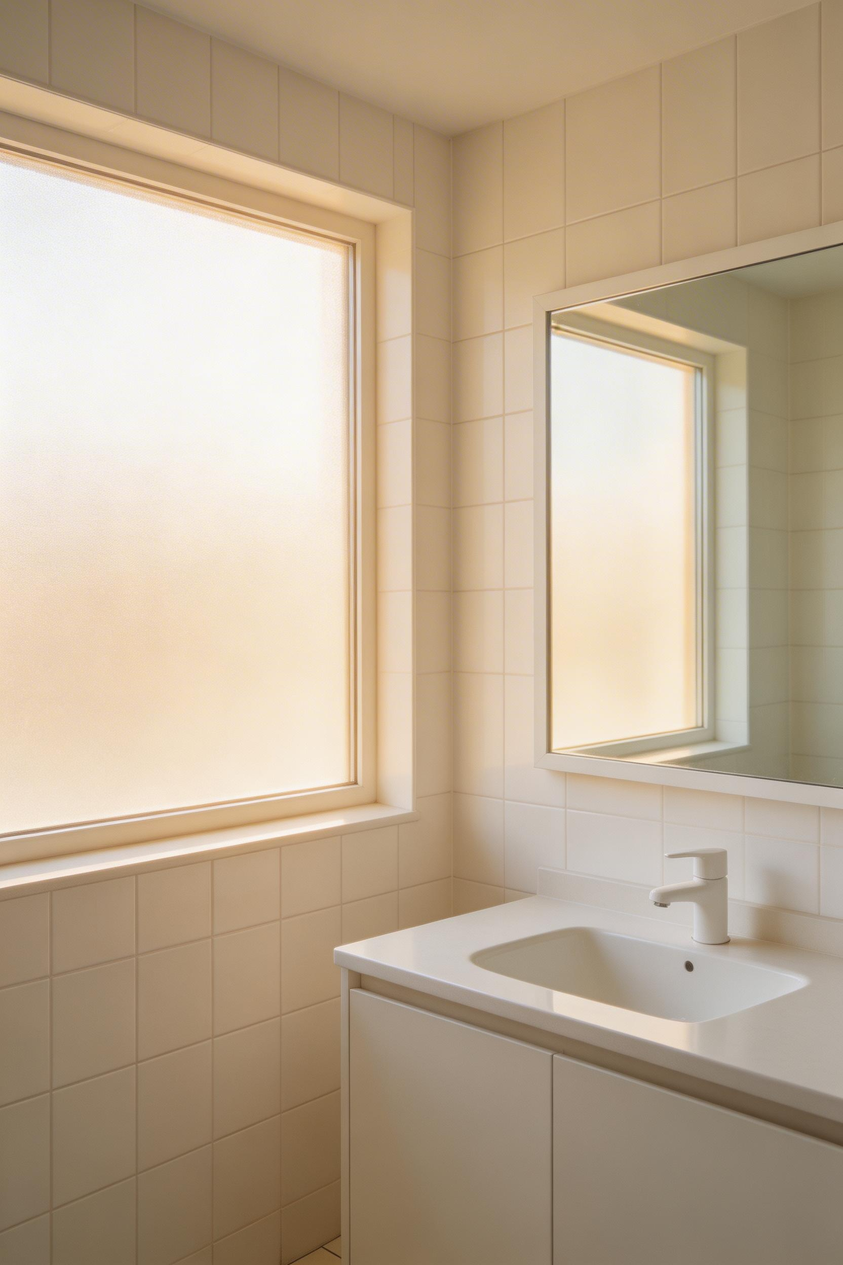 Frosted glass windows and borrowed light strategies bring natural daylight into small bathroom decoration while maintaining privacy — the foundation of circadian health.
