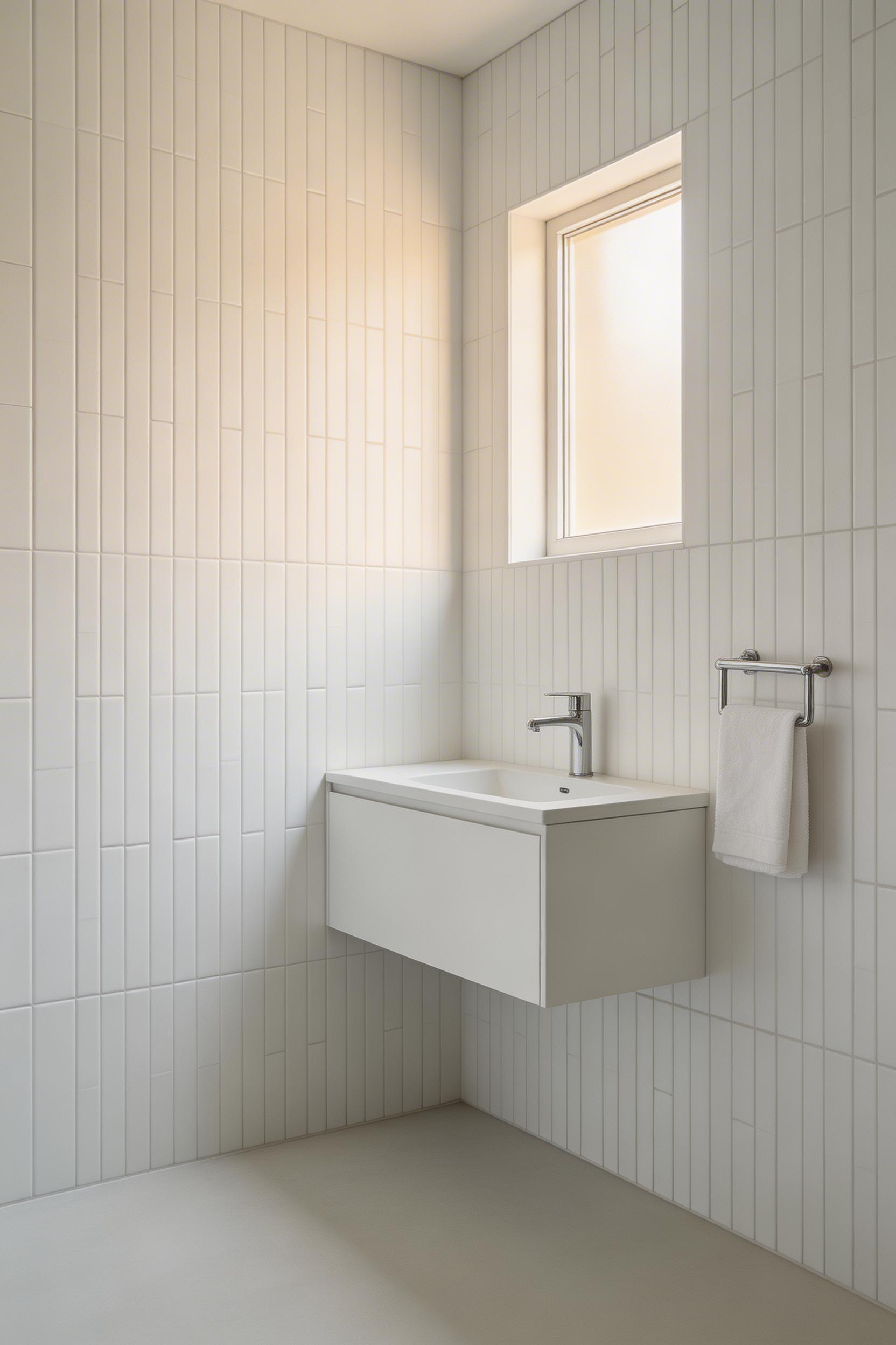 Vertical tile stacking draws the eye upward in small bathroom decoration, making low ceilings feel open and restful.