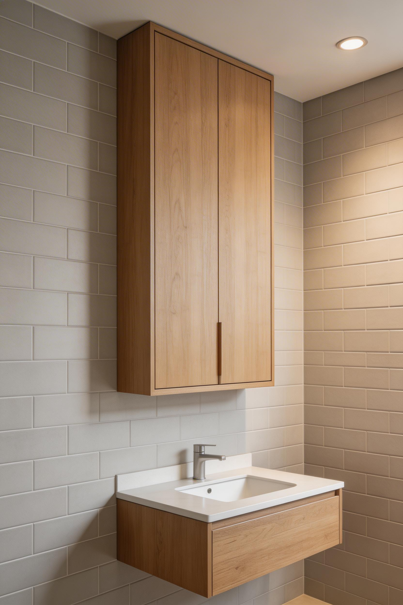 Tall narrow cabinets preserve floor space while offering substantial capacity — vital for bathroom decoration in small spaces that need to function.