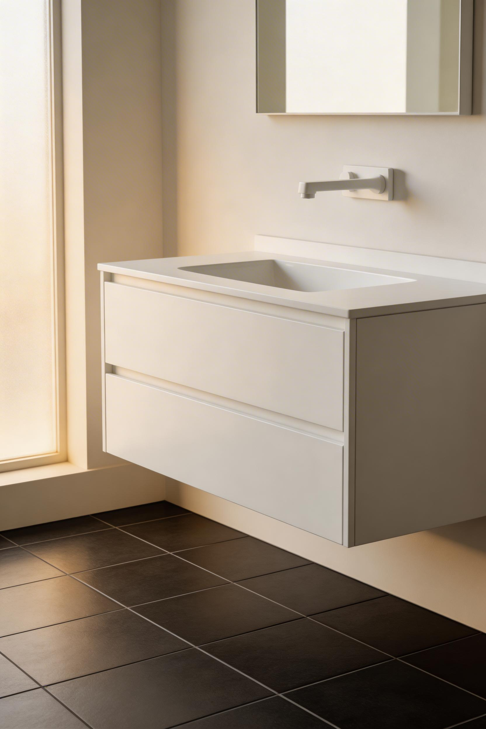Floating vanities create continuous floor visibility in small bathroom decoration, supporting both spatial openness and mental clarity through concealed storage.