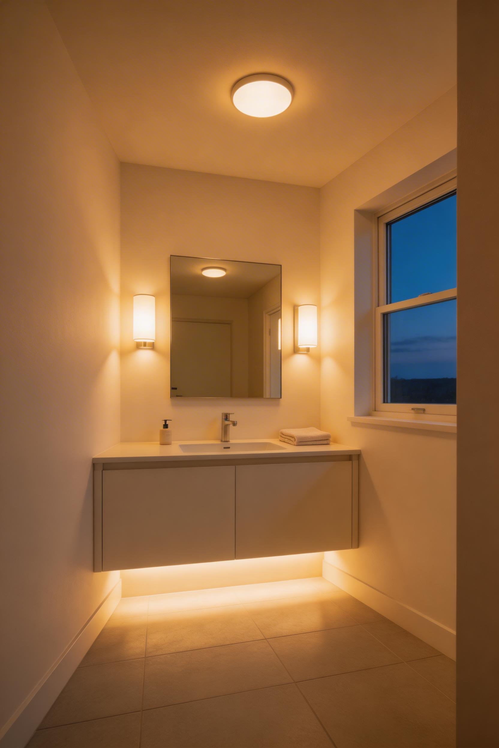 Layered artificial lighting supports both energised mornings and calm evening routines — a key element of bathroom decoration in small spaces.