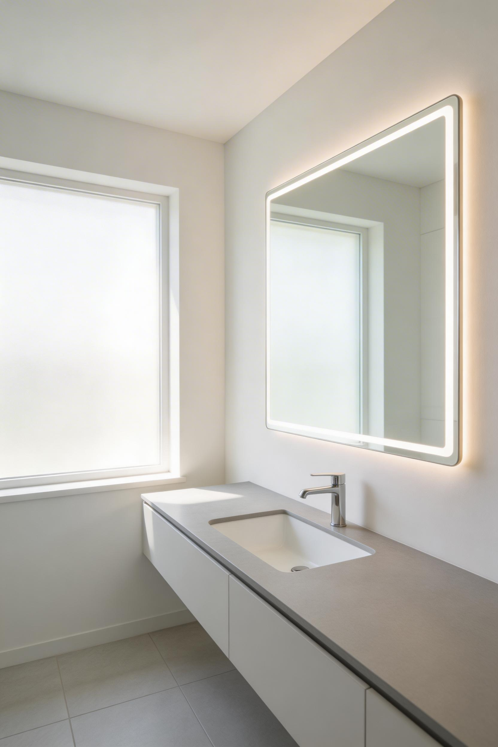 Positioning large mirrors opposite windows multiplies natural light two to three times deeper into the room — essential in bathroom decoration for small spaces.