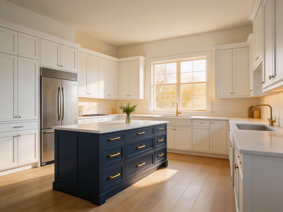 A kitchen cabinet design scheme combining white Shaker perimeter cabinets with a contrasting navy island — the proportional contrast that anchors the room without closing it in.