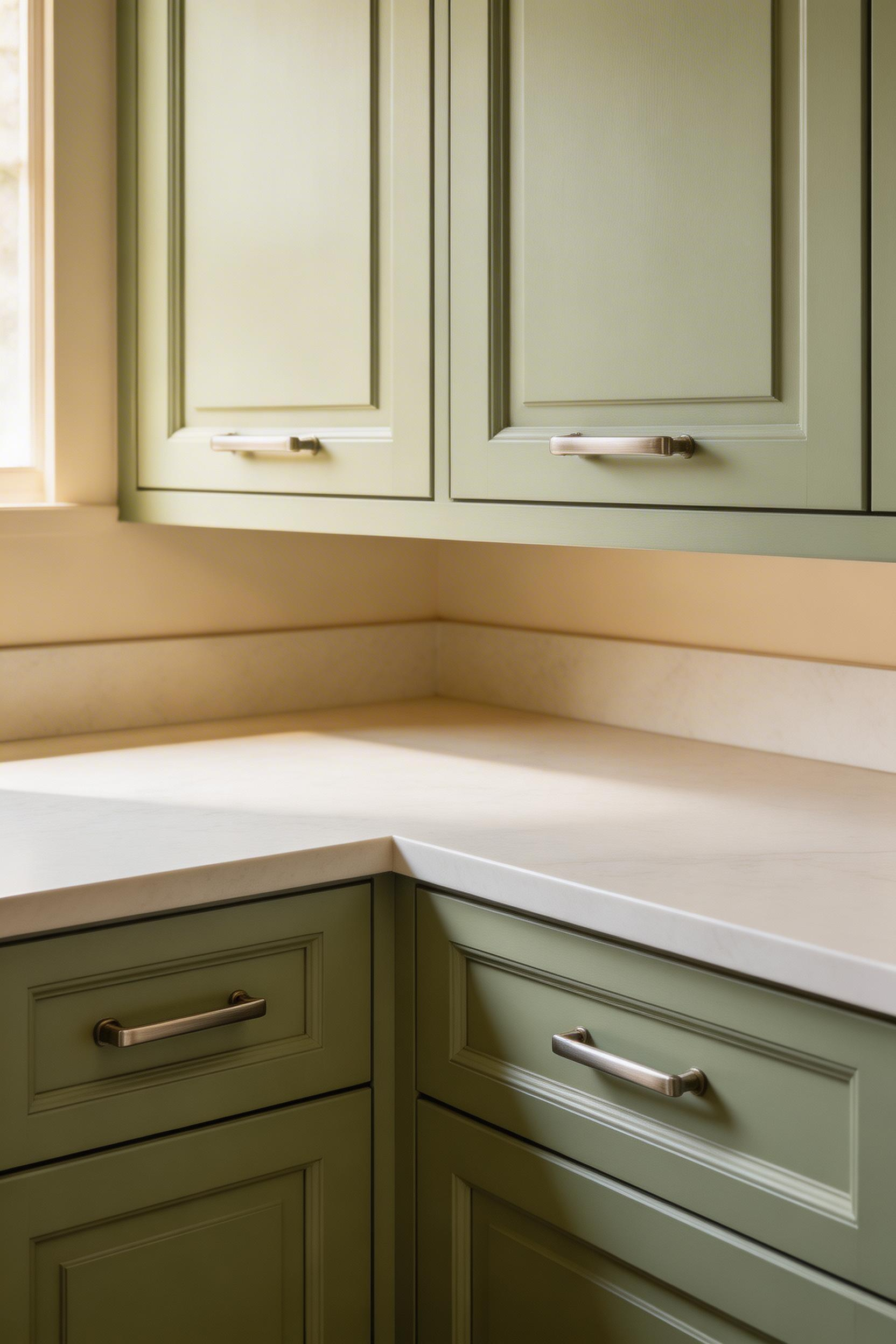 Sage green painted kitchen cabinet design with white countertops — one of the most liveable colour choices for a kitchen that will still feel right in ten years.