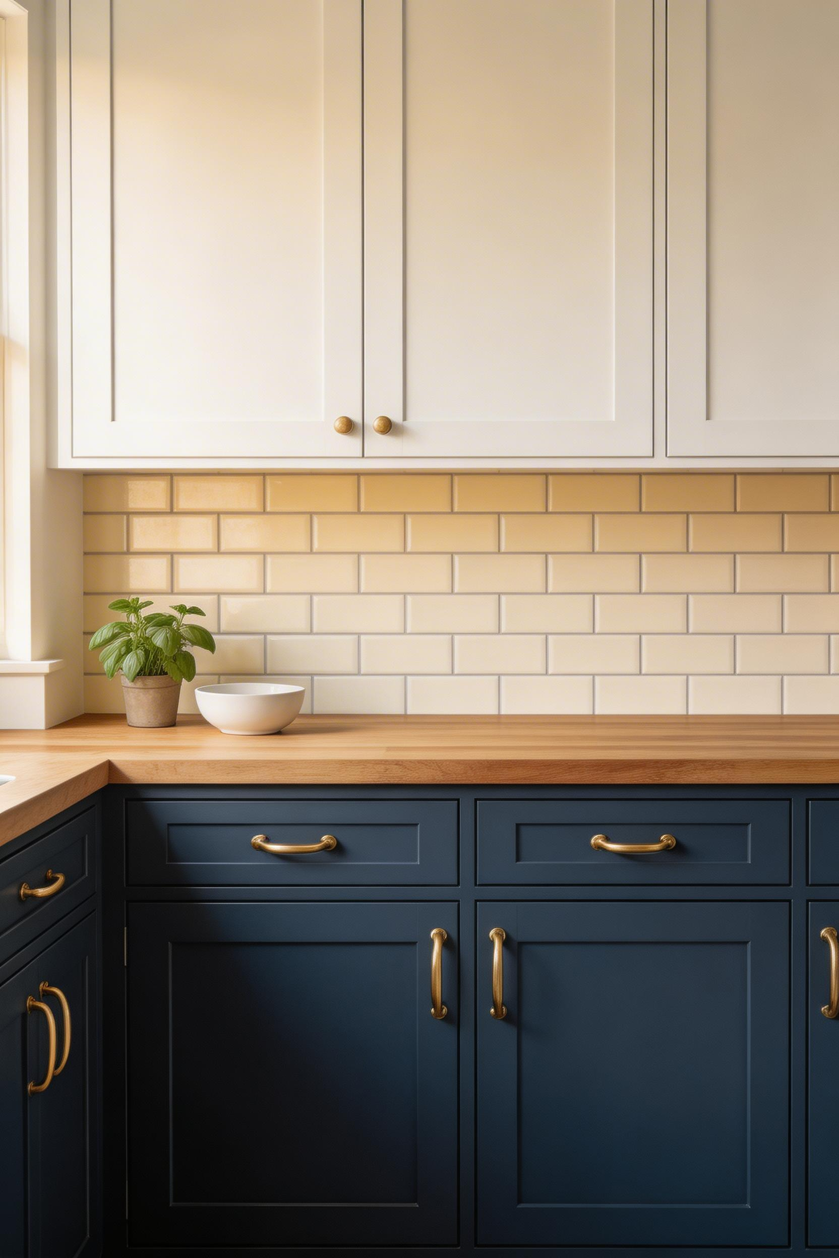 Two-tone kitchen cabinet design with navy lowers and white uppers — one of the most enduringly popular combinations for grounding a kitchen without sacrificing brightness.