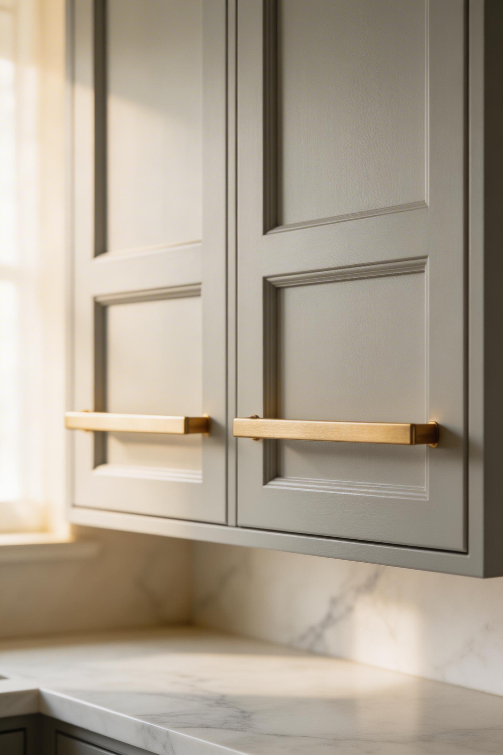 Classic Shaker-style kitchen cabinet design in pale grey with brushed brass hardware — a combination that has remained consistently popular across a decade of kitchen trends.