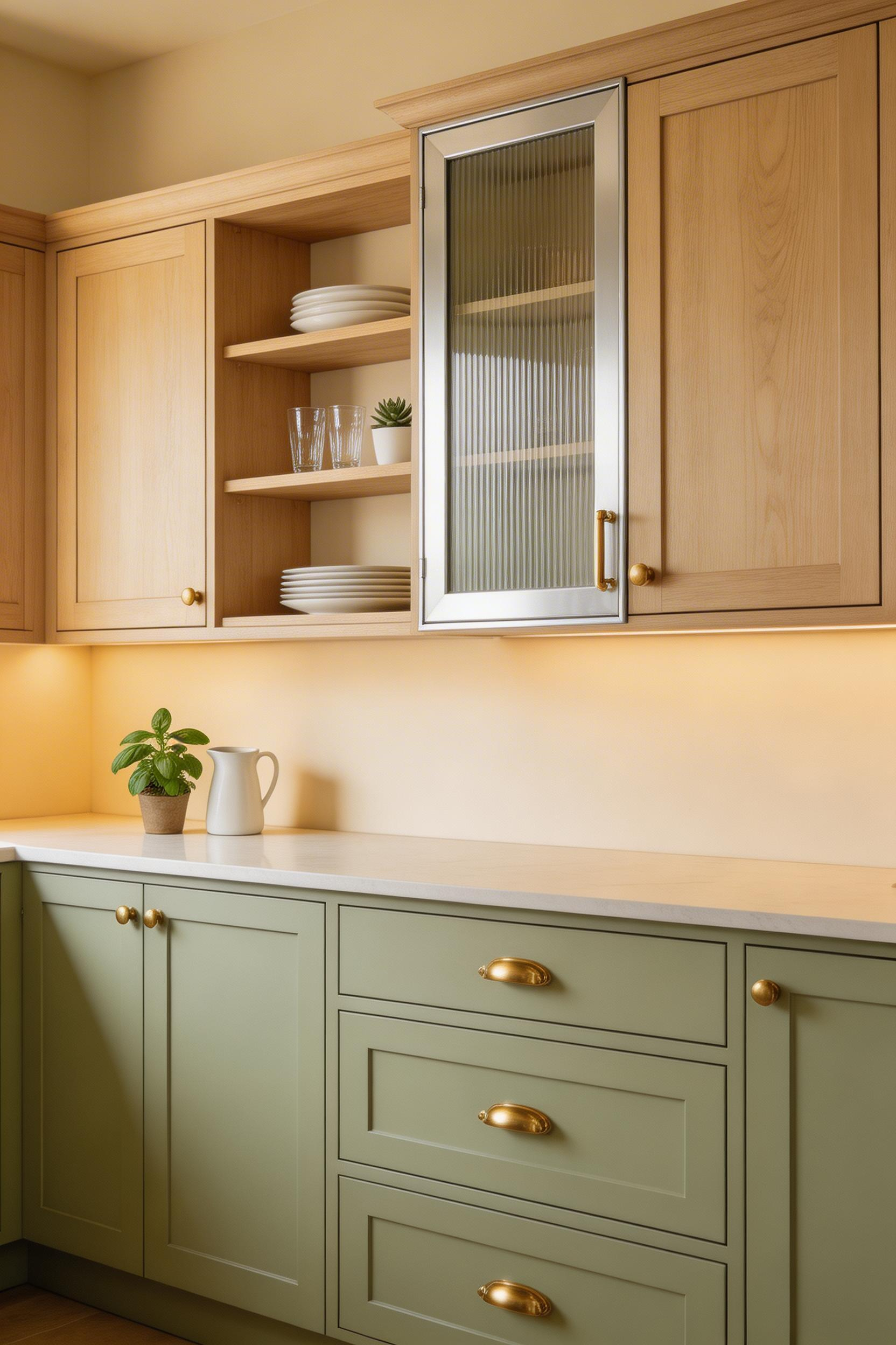 Mixed-material kitchen cabinet design combining painted lowers, natural oak uppers, and aluminium-framed glass inserts — each material with a defined role in the composition.