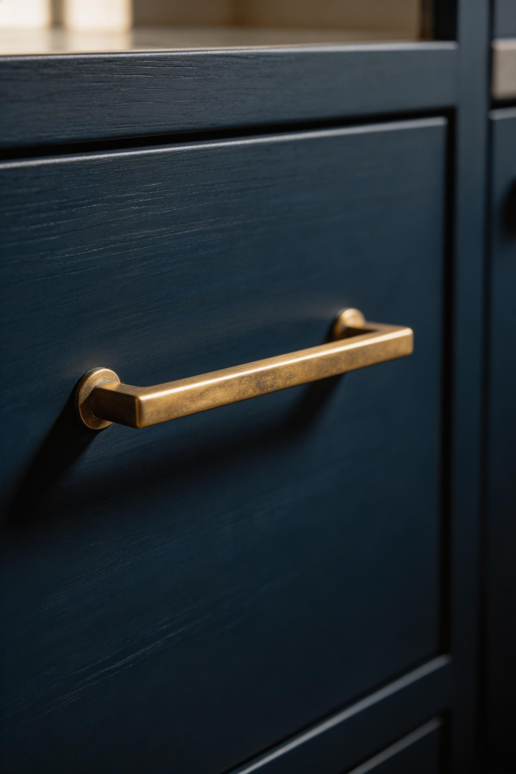 Unlacquered brass hardware on dark kitchen cabinets — the combination that adds warmth and develops character over time rather than remaining static.